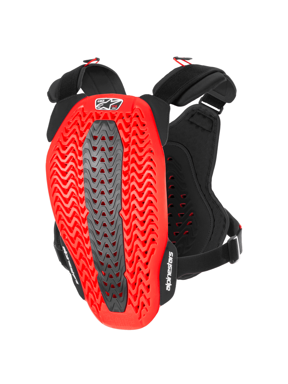 Alpinestars A-5 Plasma Chest Protector, ochraniacz klatki piersiowej i pleców na motocykl, czarno-czerwony, widok z tyłu przedstawiający czerwoną falistą perforowaną powłokę Nucleon PLASMA z szarą strefą centralną, czarne regulowane paski z białym logo, odzież ochronna do motocrossu i jazdy terenowej