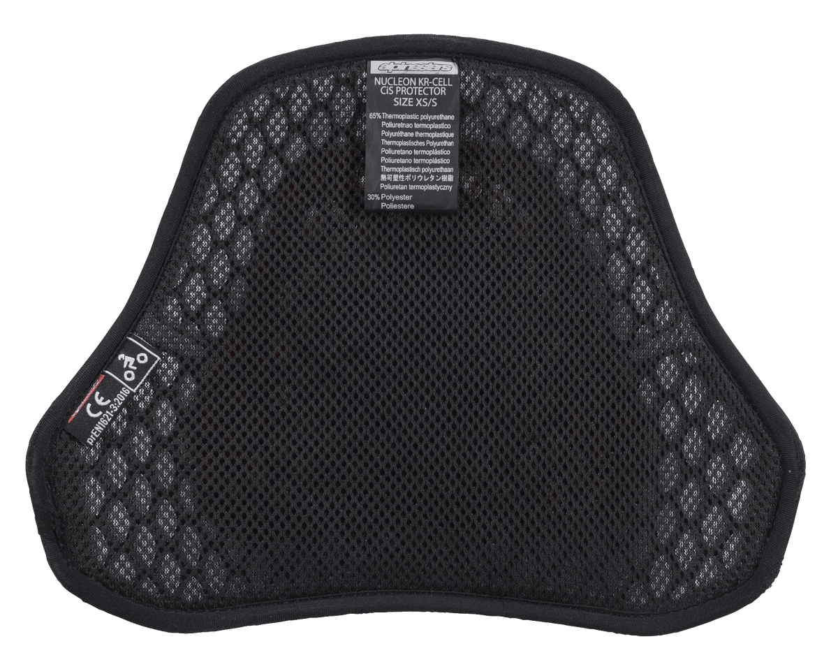 Alpinestars Nucleon KR Cell CiR Protectors, motocyklowy ochraniacz klatki piersiowej, czarne wnętrze z siatki airmesh o mikrostrukturze plastra miodu, z etykietą certyfikatu CE i miękką wyściółką zapewniającą oddychalność i komfort