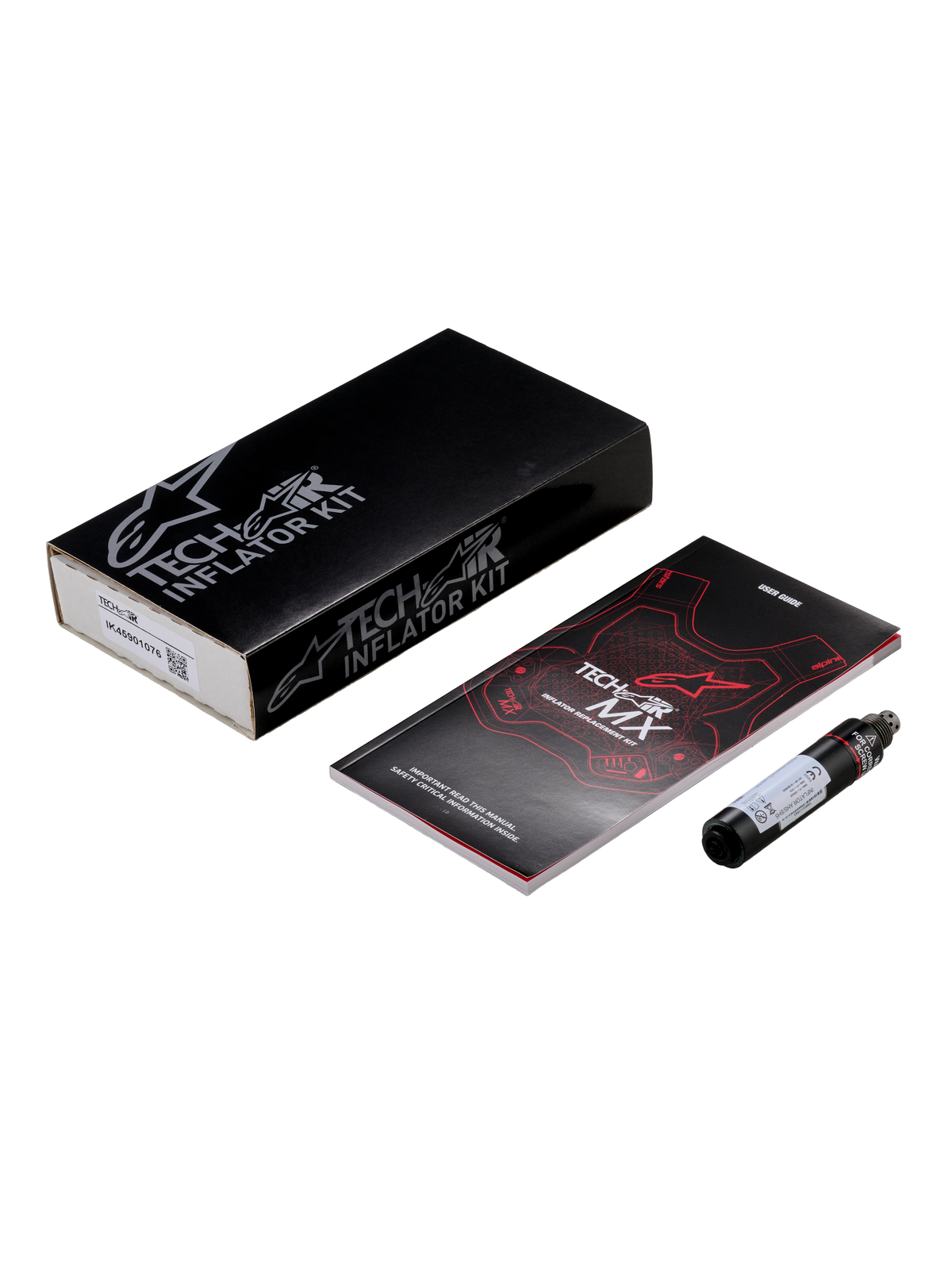 Alpinestars Tech-Air® MX Airbag System Replacement Canister kit, featuring a black cylindrical argon inflator cartridge, a user manual with red and white graphics, and a black retail box with white branding, essential motorcycle airbag safety maintenance equipment.