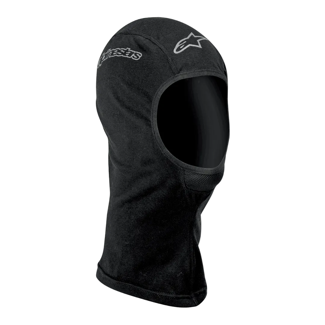 Kominiarka Alpinestars Open-Face, motocyklowa bielizna techniczna, unisex, czarna, tekstylny materiał odprowadzający wilgoć, srebrne logo Alpinestars, otwarta konstrukcja z płaskimi szwami i wydłużoną osłoną szyi.