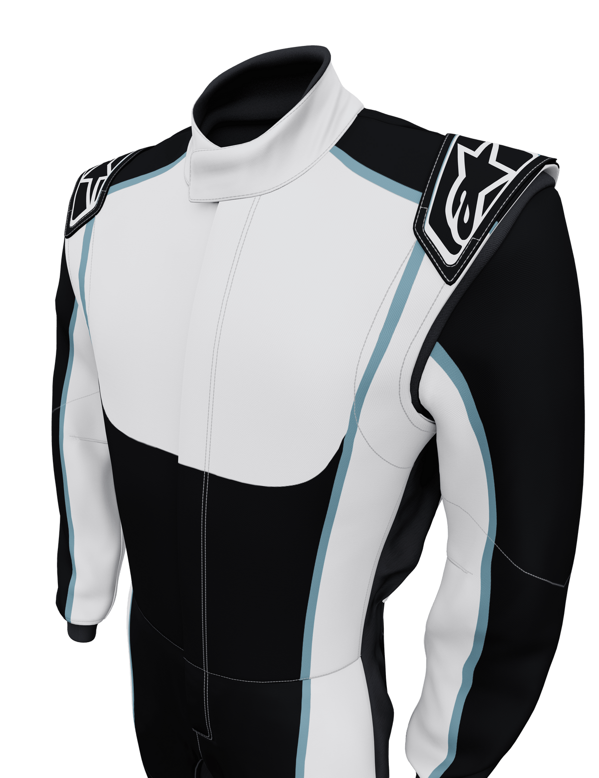 Alpinestars Tech Vision V3 Custom Auto Racing Suit, white and black with blue trim, FIA-certified performance gear.