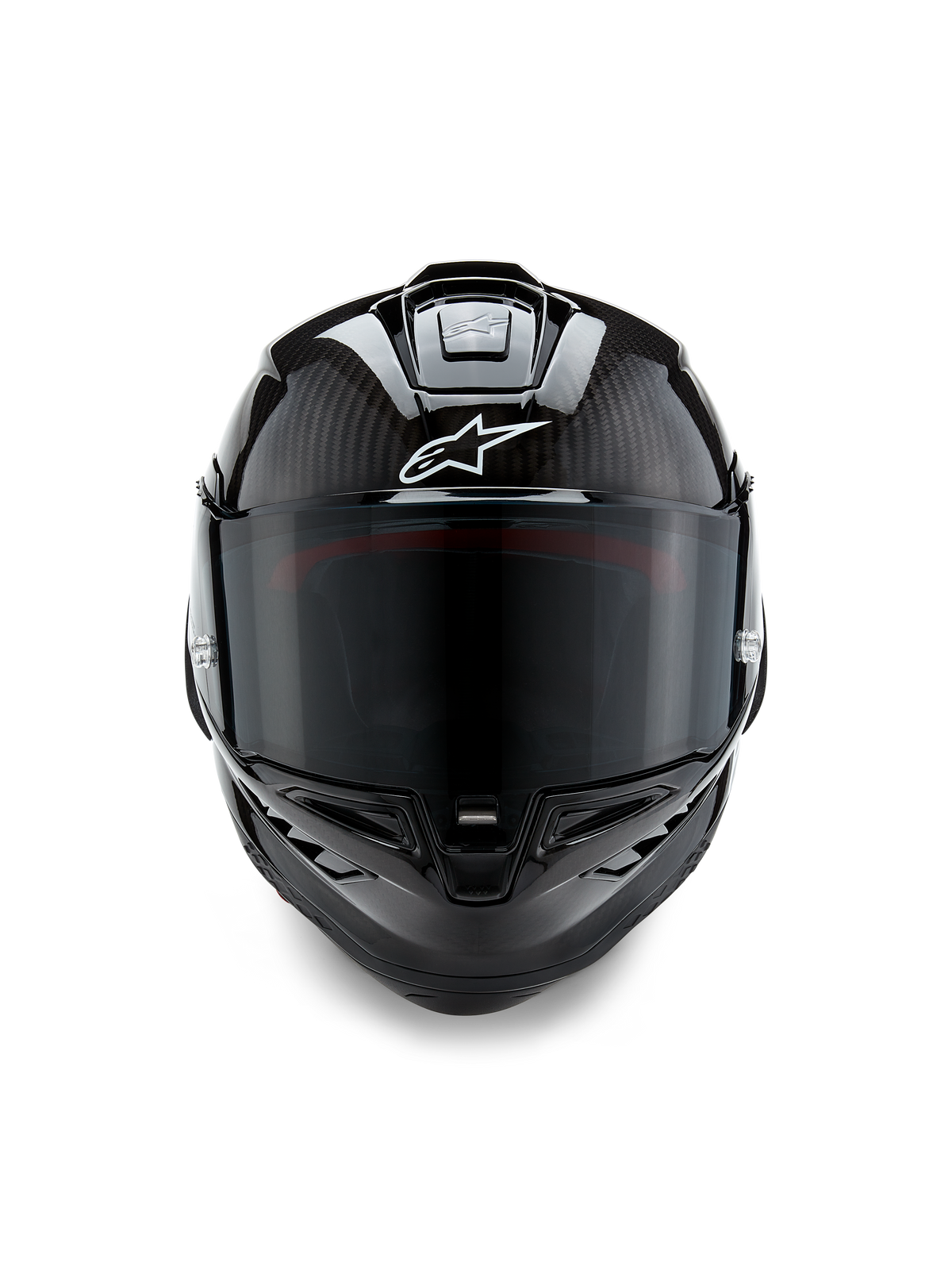 Kask Alpinestars Supertech R10 Solid, widok z przodu, czarny karbon w wykończeniu matowym i połyskującym, widoczny splot włókna węglowego, białe logo Alpinestars, ciemny dymiony wizjer, aerodynamiczny wyścigowy kask motocyklowy