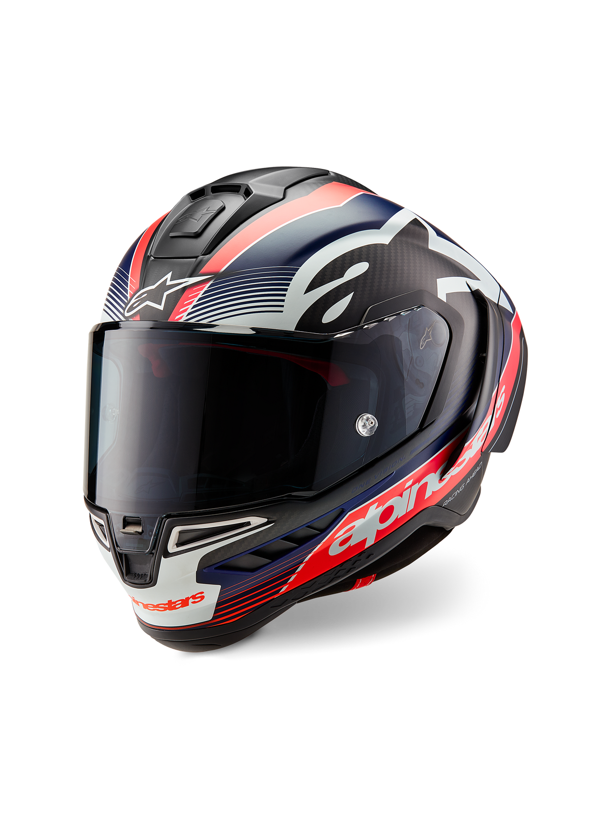 Alpinestars Supertech R10 Team Helmet, Black Carbon with Red Fluo and Matte Blue graphics, three-quarter front view, featuring a dark smoke visor, aerodynamic race shell, and bold white Alpinestars branding.