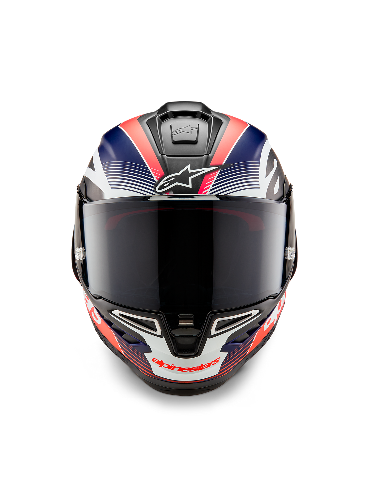 Alpinestars Supertech R10 Team Helmet, Full-face Motorcycle Racing Helmet, Black Carbon with Matte Blue and Red Fluo Graphics, Front View with Dark Smoke Visor, aerodynamic design with integrated air vents, high-performance racing gear