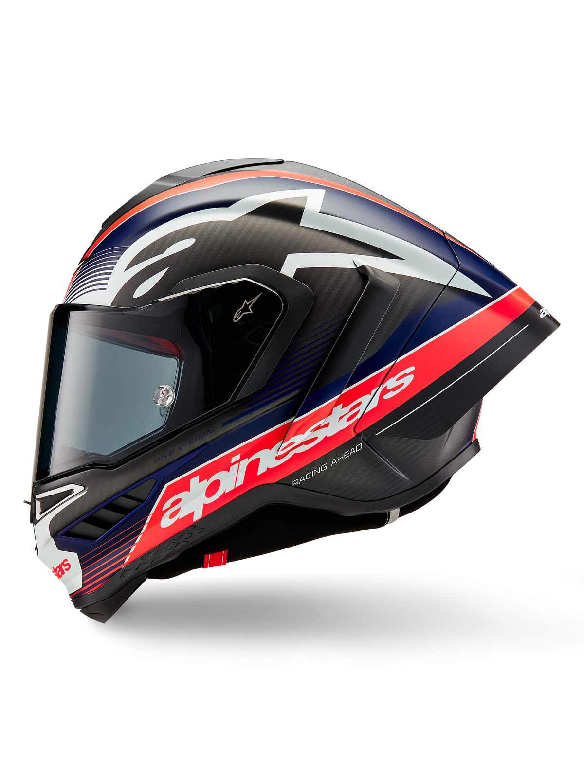 Alpinestars Supertech R10 Team Helmet, side profile view, Black Carbon Red Fluo and Blue Matte, featuring a large white Alpinestars logo on a red stripe, aerodynamic carbon fiber shell with a tinted visor, high-performance motorcycle racing gear