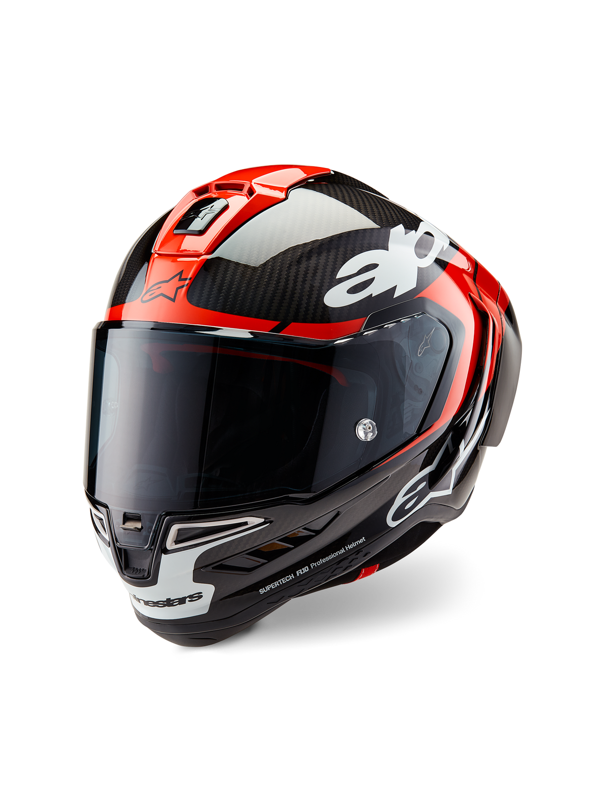Alpinestars Supertech R10 Element Helmet, Racing Motorcycle Helmet, Black Carbon Bright Red and White Glossy, three-quarter front view with a dark tinted visor, featuring a glossy carbon fiber shell, red top vents, white chin accents, and bold Alpinestars branding, designed for aerodynamic racing performance.