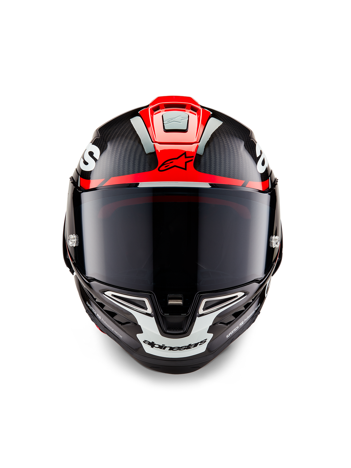 Kask Alpinestars Supertech R10 Element, czarny karbon z jaskrawoczerwoną i białą połyskującą grafiką, widok z przodu z ciemnym wizjerem, widoczną teksturą włókna węglowego i zintegrowaną wentylacją, profesjonalny kask motocyklowy klasy wyścigowej