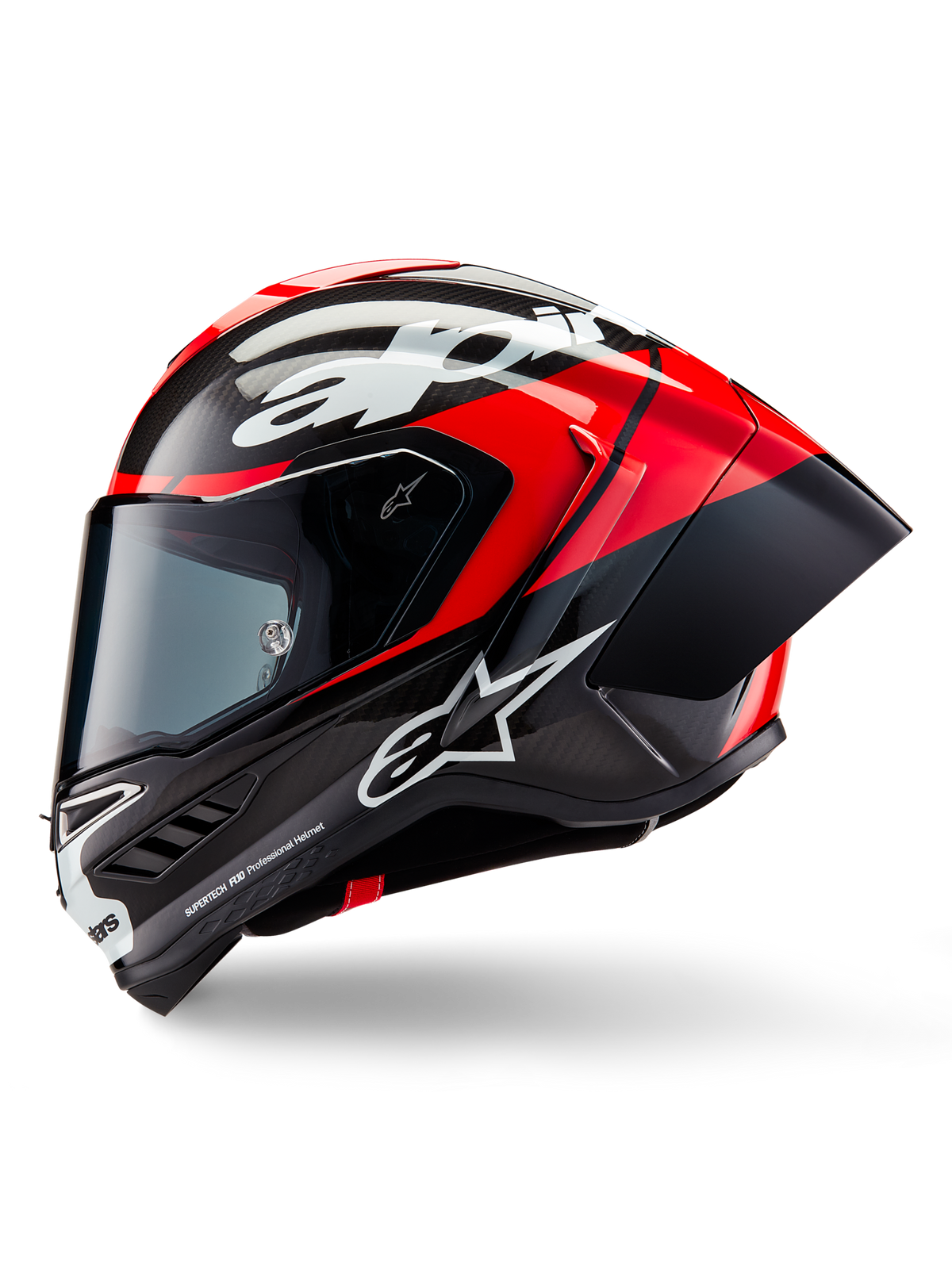 Alpinestars Supertech R10 Element Helmet, Full-Face Racing Helmet, Black Carbon Bright Red and White Glossy, side profile view showing aerodynamic carbon fiber shell with exposed weave, white Alpinestars branding, and integrated rear spoiler