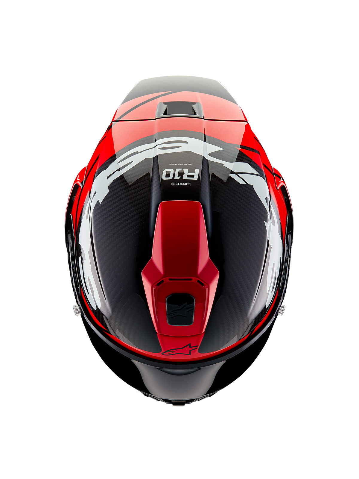 Alpinestars Supertech R10 Element Helmet, Top View, Black Carbon with Bright Red and White Glossy graphics, aerodynamic race helmet featuring large white logos and visible carbon fiber weave