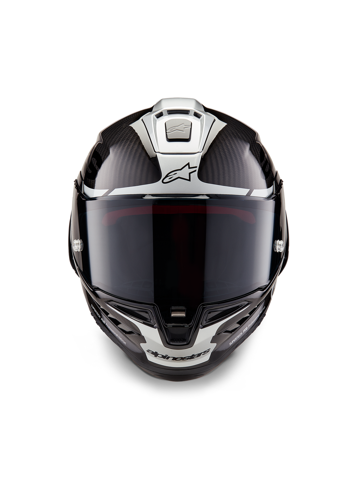Alpinestars Supertech R10 Element Helmet, Full-Face Racing Helmet, Black Carbon Silver Black Glossy, front view showing dark smoke visor and glossy carbon fiber weave with silver aerodynamic graphics and Alpinestars logos