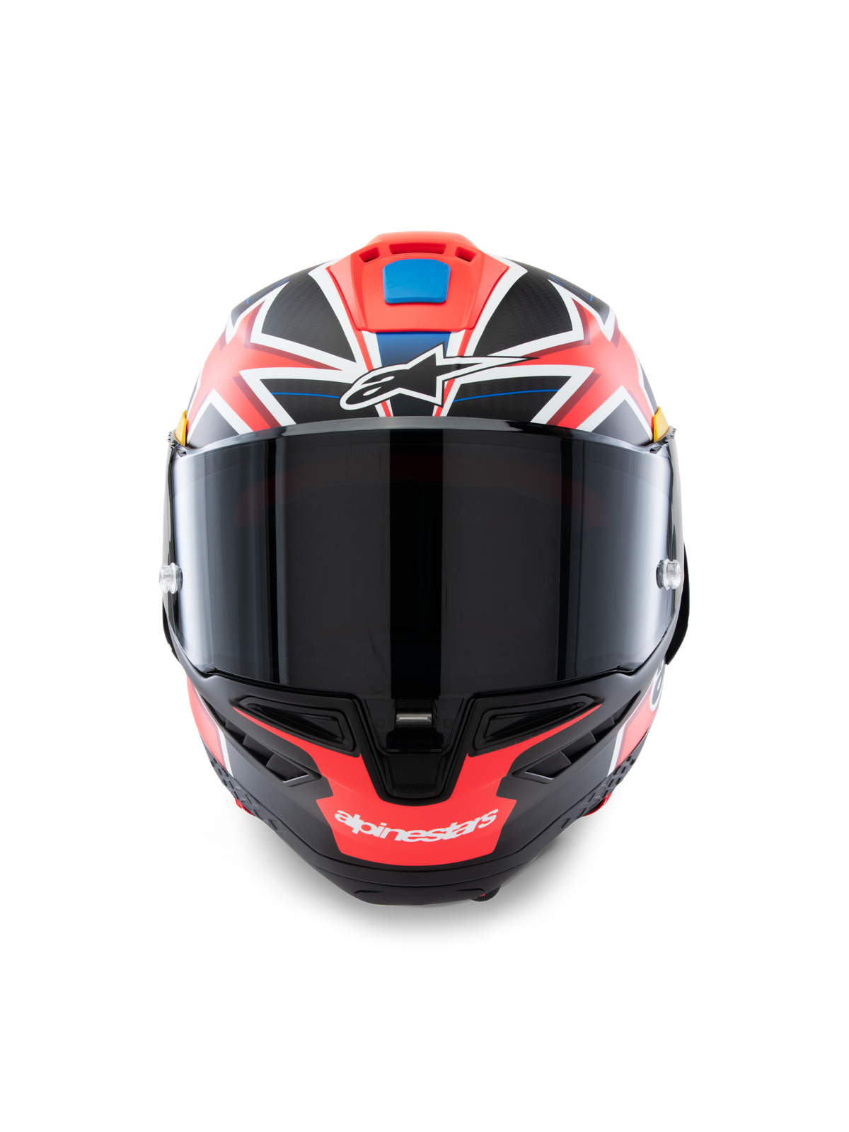 Kask Alpinestars Supertech R10 Miller Limited Edition, widok z przodu, integralny motocyklowy kask wyścigowy z grafiką Carbon Red Matt z białymi i niebieskimi akcentami, ciemny dymiony wizjer, sygnowany design Jacka Millera, aerodynamiczna konstrukcja z włókna węglowego
