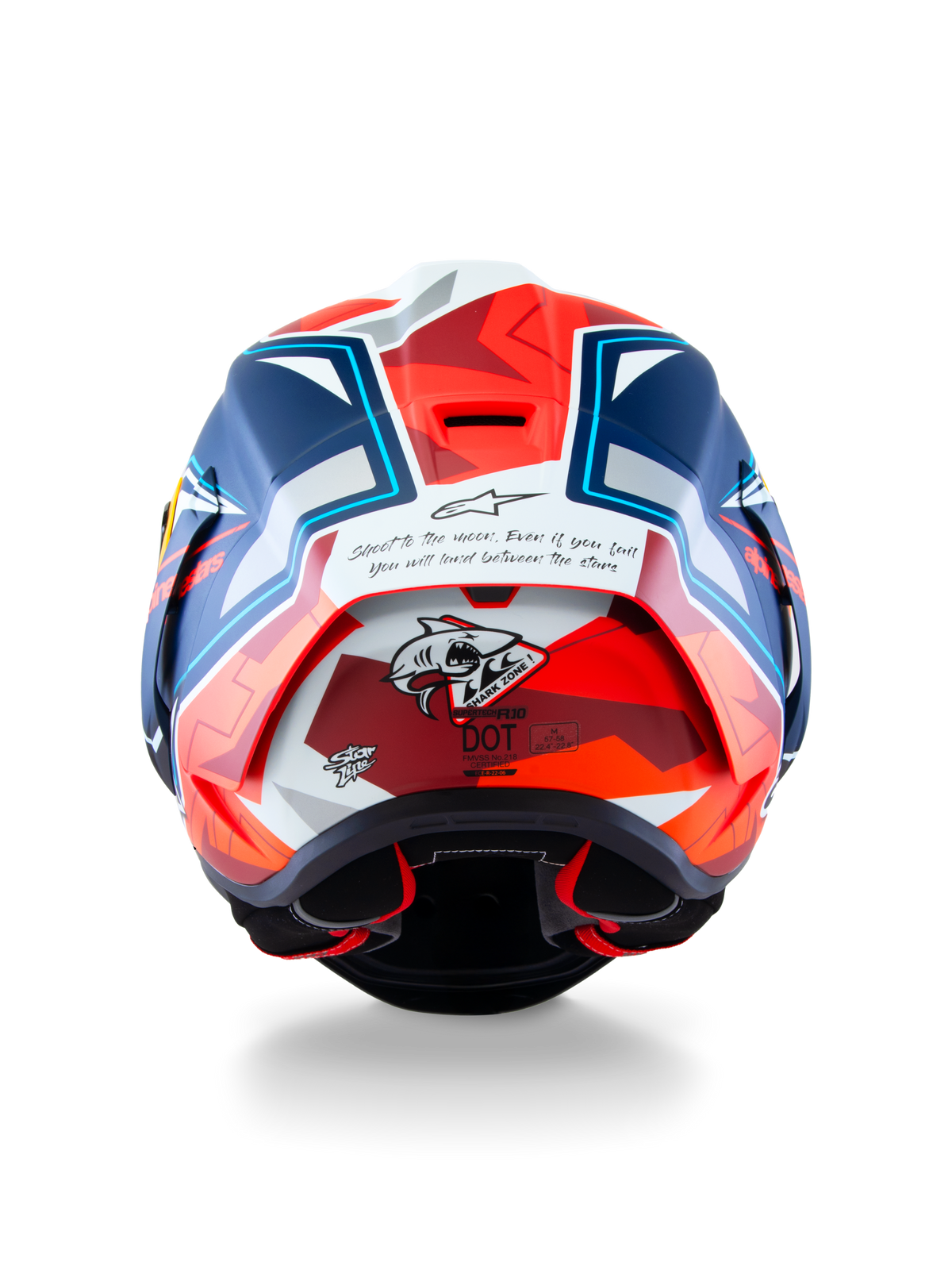 Alpinestars Supertech R10 Acosta Edycja Limitowana, wyścigowy kask motocyklowy, widok z tyłu na konstrukcję z kompozytu z włókna węglowego, grafikę rekina i certyfikat DOT, niebieski, czerwony i biały