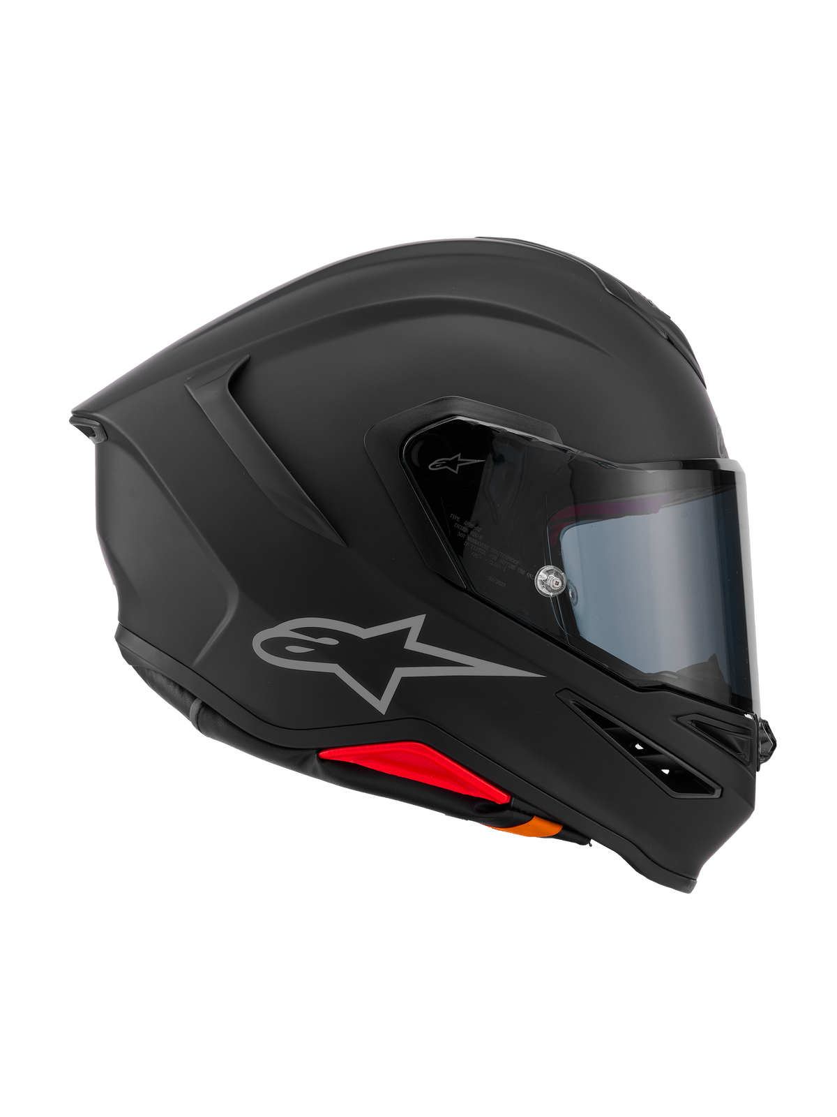 Alpinestars S-R7 Solid Helmet, Full-Face motorcycle helmet, Matte Black, side profile view showing aerodynamic carbon composite shell, integrated rear spoiler, silver Astars logo, clear visor, and ventilation ports, racing and sport riding gear