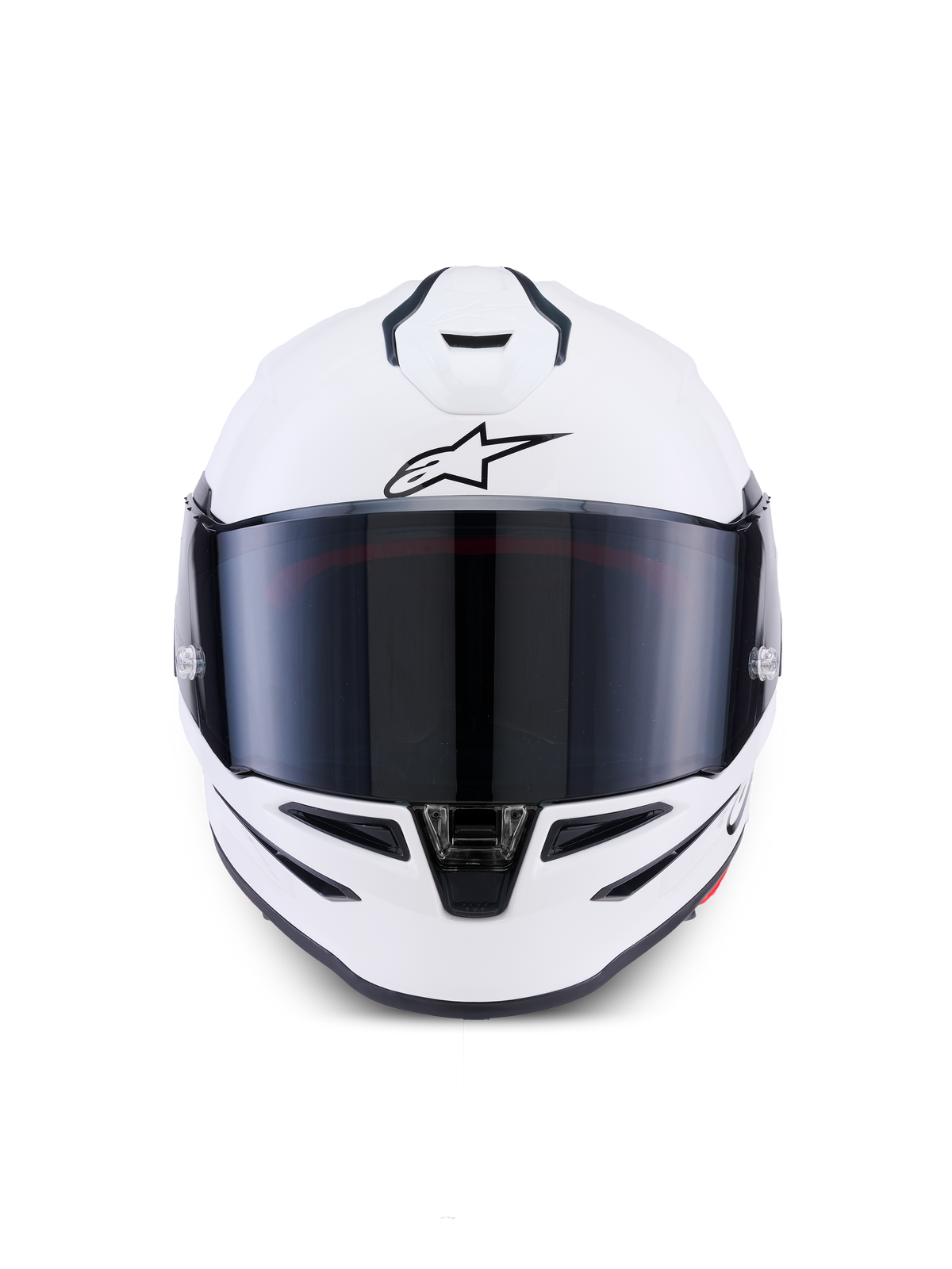 Alpinestars S-R7 Solid Helmet, Full-Face Motorcycle Helmet, White Glossy, front-facing view with dark tinted visor, aerodynamic shell with integrated vents, professional racing and sport gear