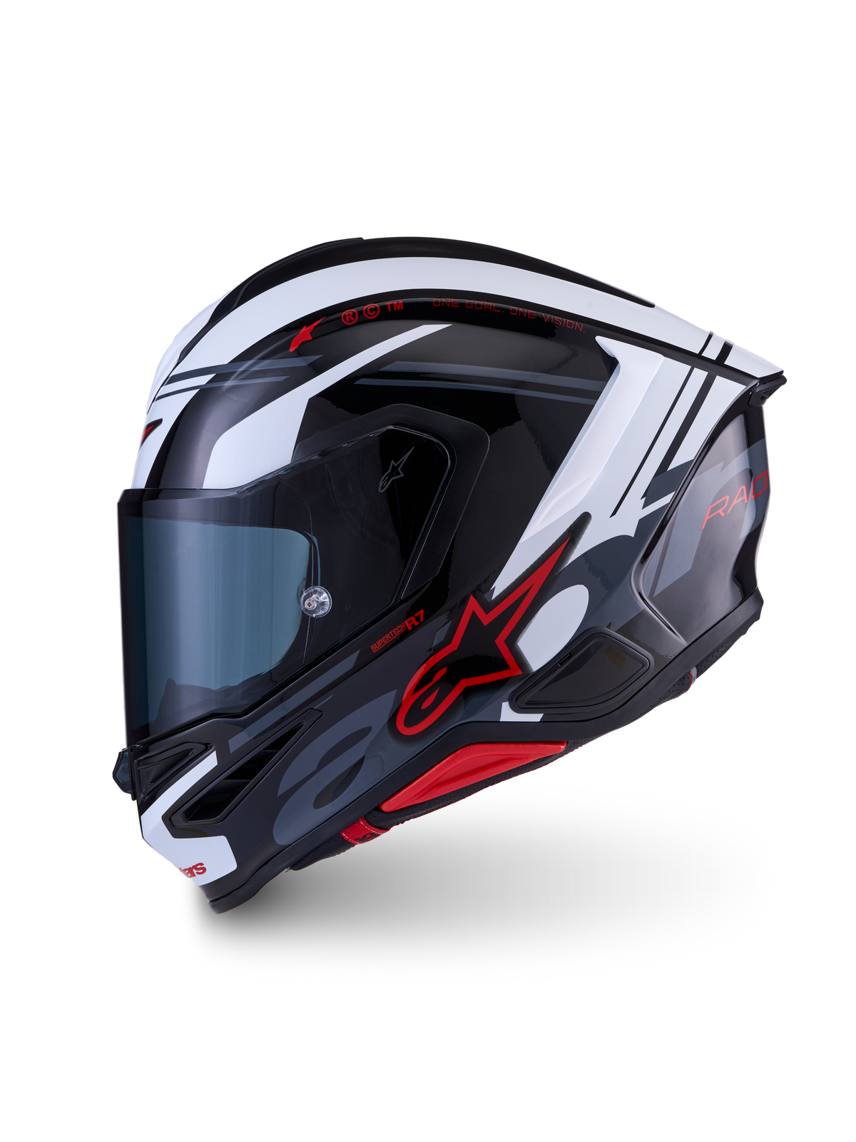 Alpinestars S-R7 A-Core Kask ECE 06, kask motocyklowy integralny road racing w kolorze czarnym, białym i czerwonym z połyskiem, konstrukcja z kompozytu węglowego