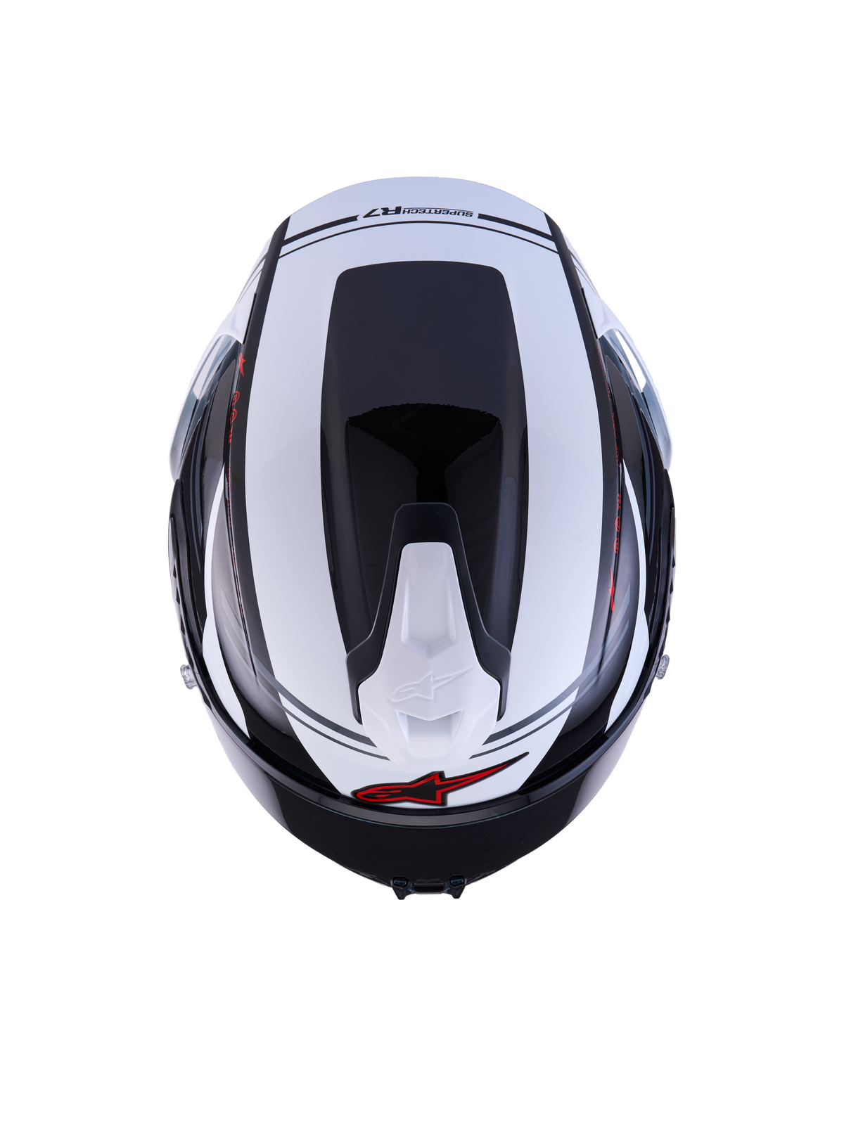 Alpinestars S-R7 A-Core Kask ECE06, widok z góry na sportowy kask motocyklowy w kolorze czarnym, białym i czerwonym z połyskiem, konstrukcja z kompozytu węglowego, z aerodynamicznym profilem i elementami wentylacji