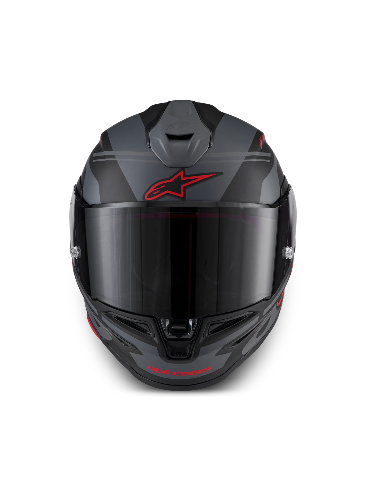 Alpinestars S-R7 A-Core ECE 06, kask motocyklowy integralny wyścigowy, czarny, szary i czerwony, widok z przodu z wentylacją aerodynamiczną i przezroczystym wizjerem