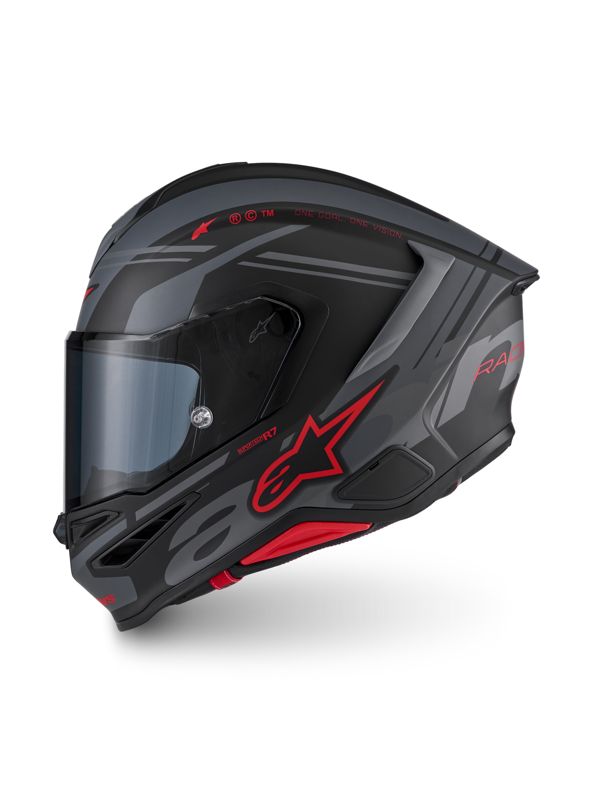 Alpinestars S-R7 A-Core Kask ECE 22.06, kask motocyklowy pełny o aerodynamicznym kształcie, czarny, szary i czerwony, z detalami graficznymi
