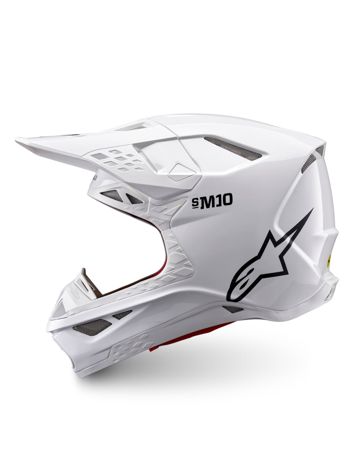 Alpinestars Supertech M10 Solid Helmet ECE 22.06, white glossy full-face motocross helmet with black logo, side profile and multiple ventilation ports