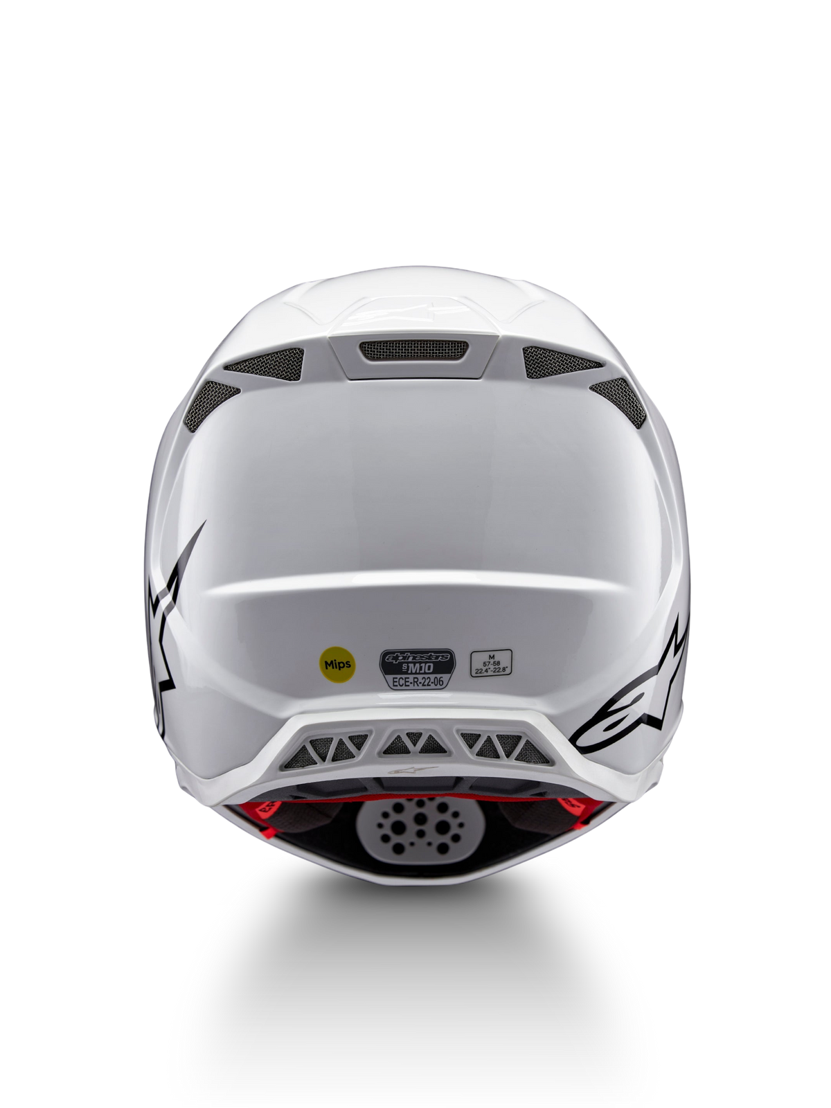 Alpinestars Supertech M10 Solid Helmet ECE 22.06, white glossy motocross helmet shown from the rear with black graphics, ventilation ports, MIPS and ECE certification label