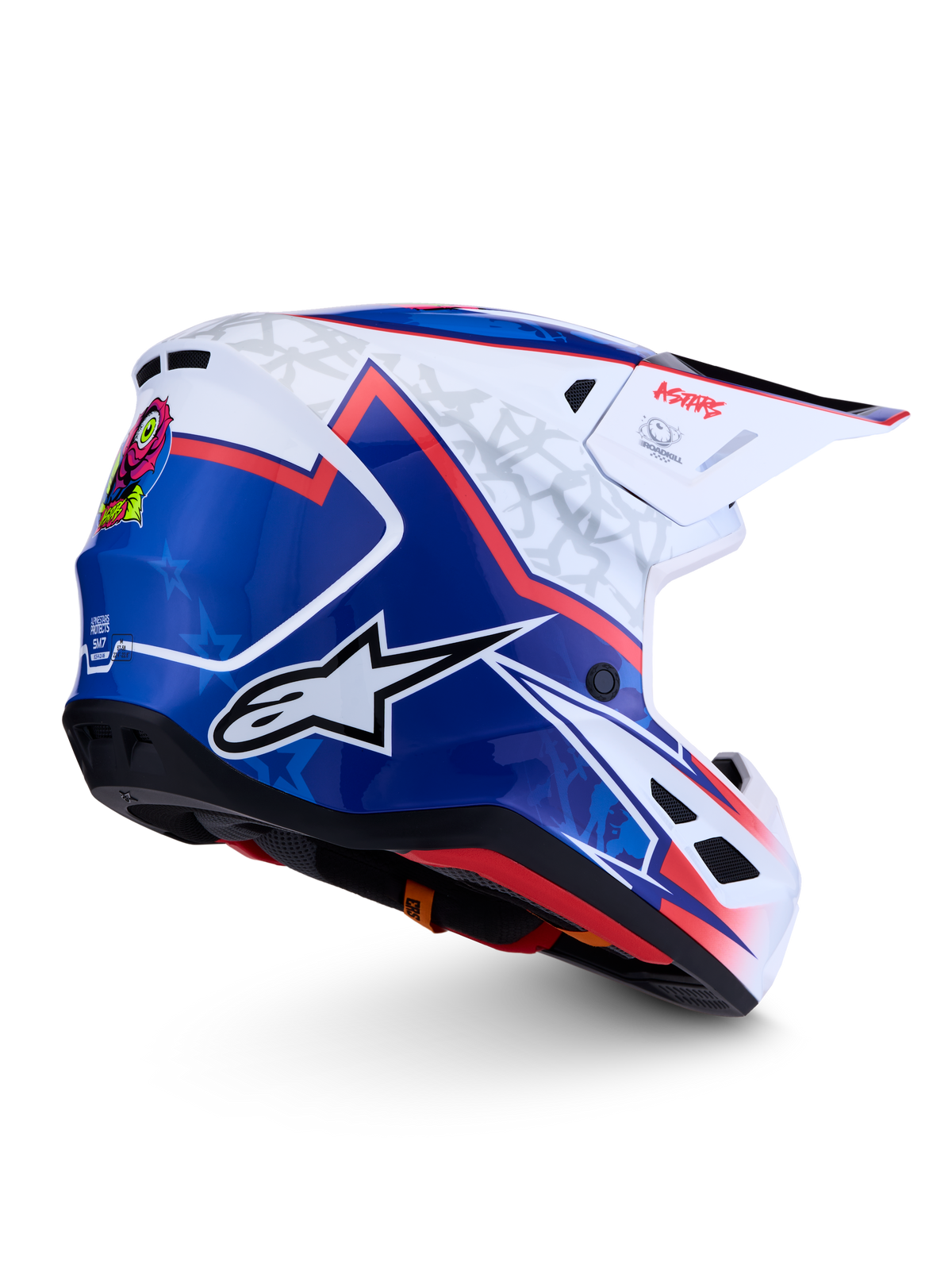 Alpinestars S-M7 Blaster, kask motocrossowy, niebieski i biały z czerwonymi akcentami, aerodynamiczna skorupa, błyszczący