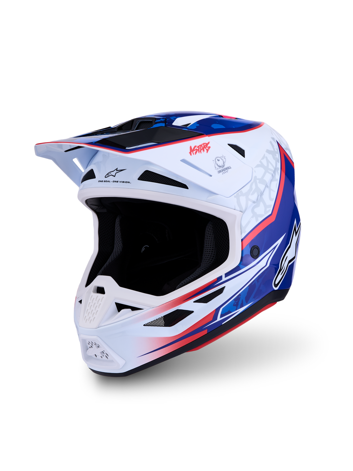 Alpinestars S-M7 Blaster ECE06, kask motocrossowy, biały i niebieski z czerwonymi akcentami, błyszczący.
