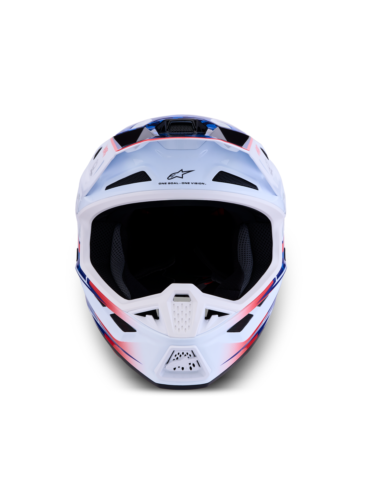 Kask Alpinestars S-M7 Blaster ECE06, biały, niebieski i czerwony kask motocrossowy, przód, lekka skorupa kompozytowa.