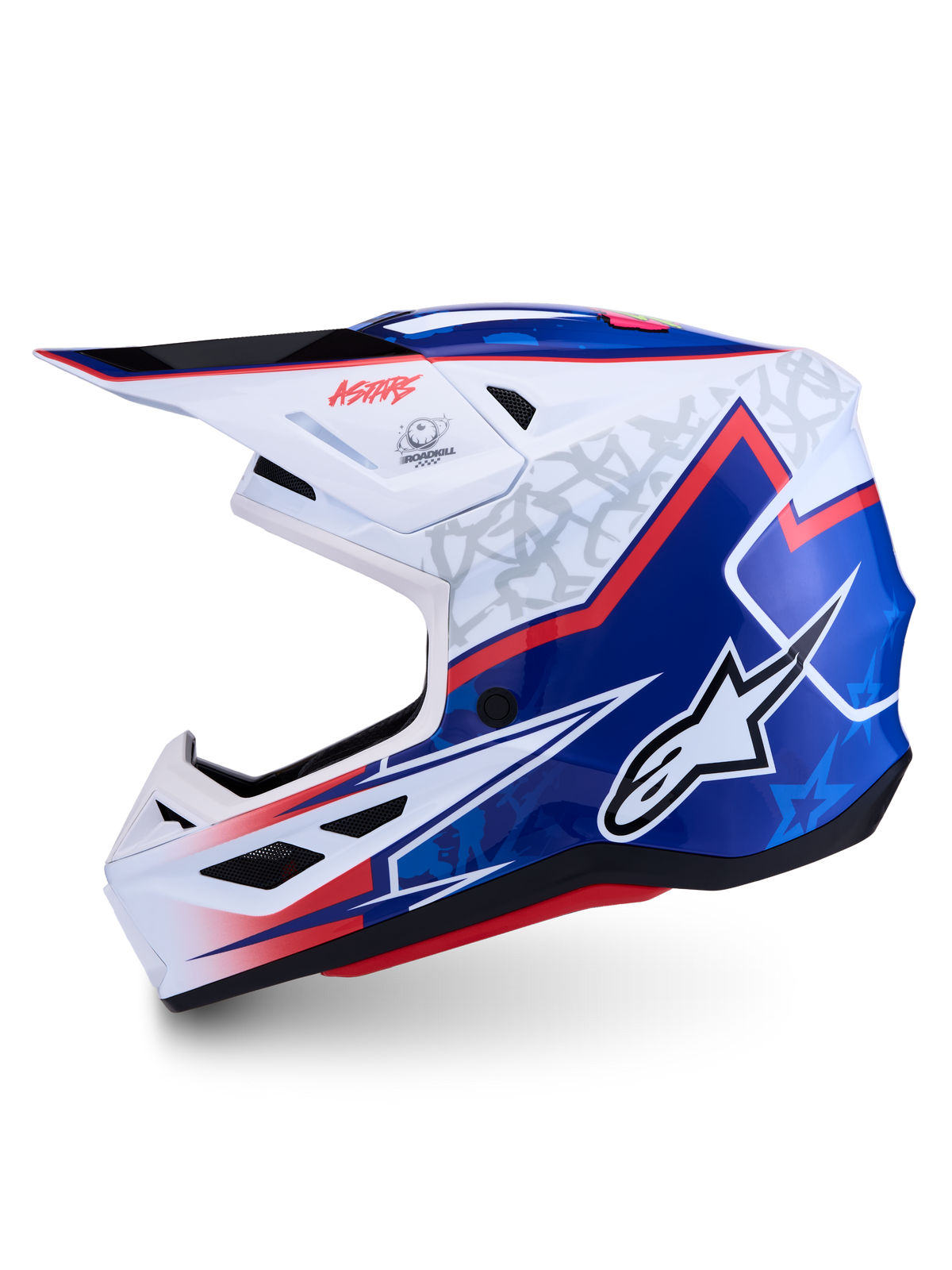Kask Alpinestars S-M7 Blaster ECE06, biało-niebieski kask motocrossowy, czerwone akcenty, certyfikat ECE 22.06.