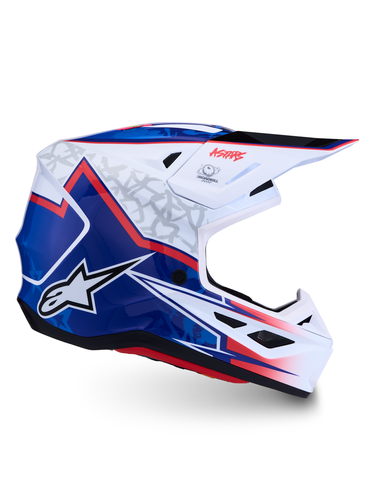 Kask Alpinestars S-M7 Blaster, motocrossowy, biało-niebiesko-czerwony, błyszcząca skorupa kompozytowa, certyfikat ECE 22.06.