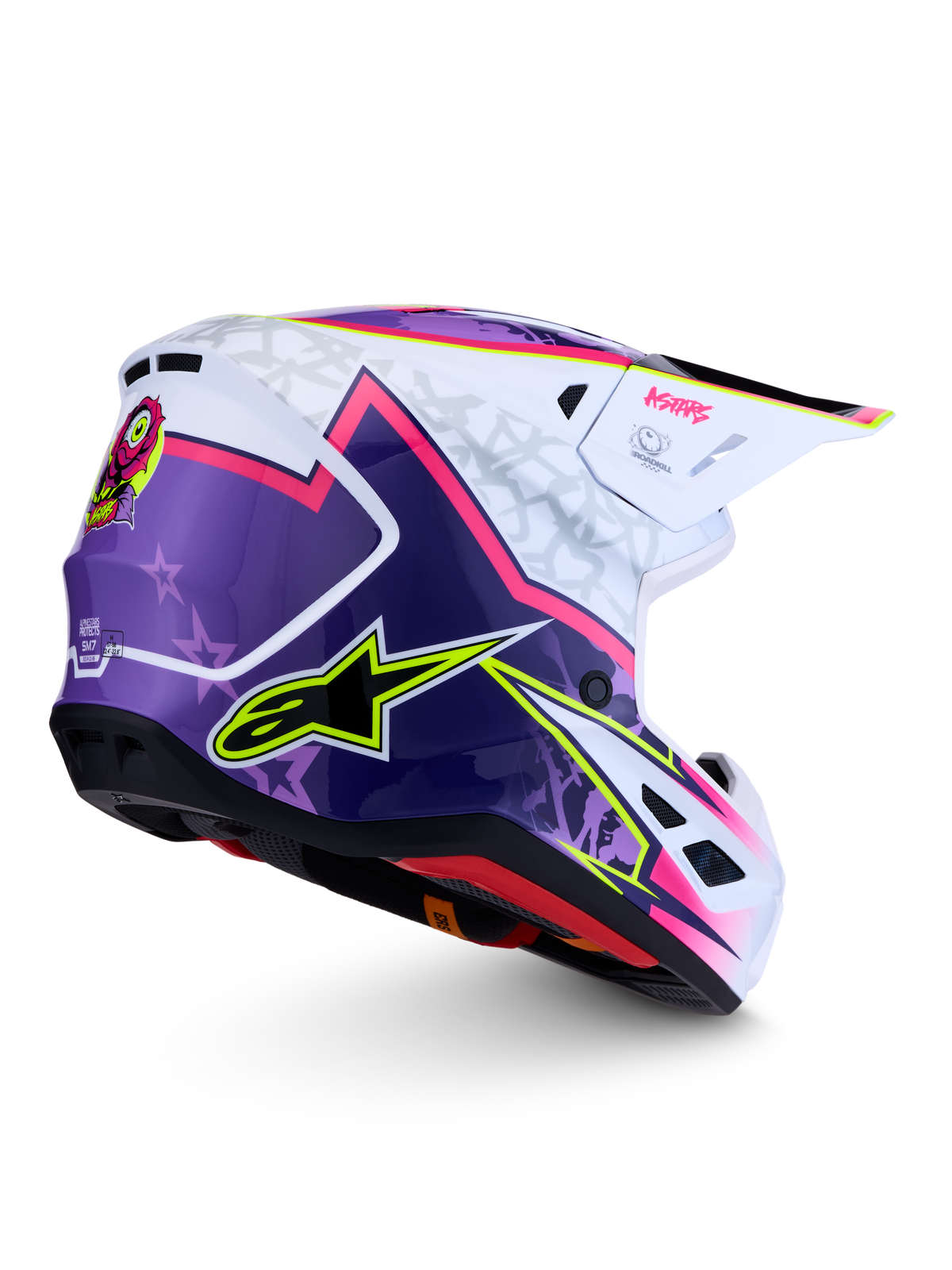 Kask Alpinestars S-M7 Blaster ECE06, fioletowo-różowy i biały kask motocrossowy, błyszcząca skorupa, certyfikat ECE 22.06