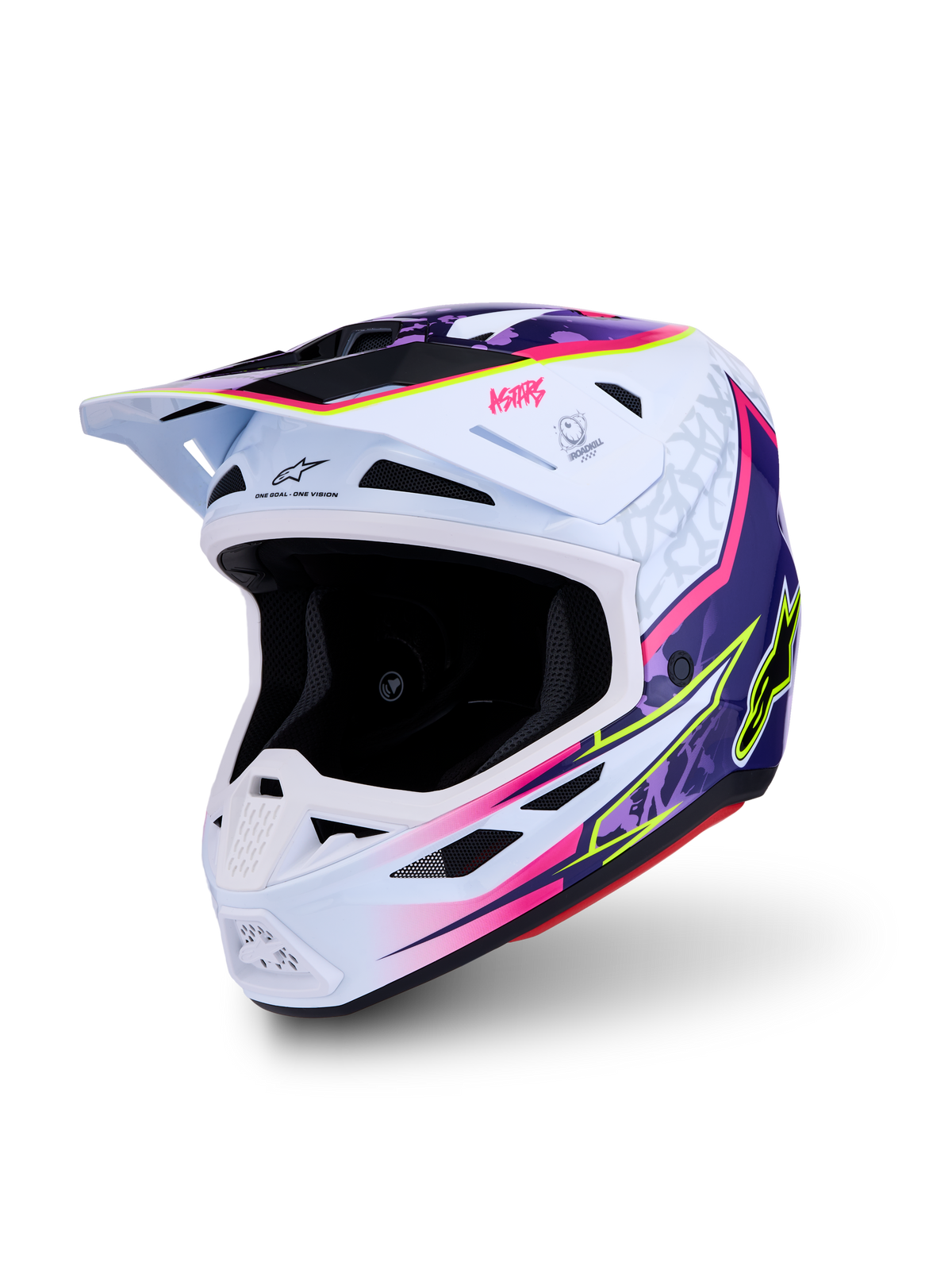 Alpinestars Kask S-M7 Blaster ECE06, kask motocrossowy off-road, fioletowy, różowy i biały, aerodynamiczna skorupa kompozytowa, certyfikat ECE 22.06, technologie PLASMA i A-Head.