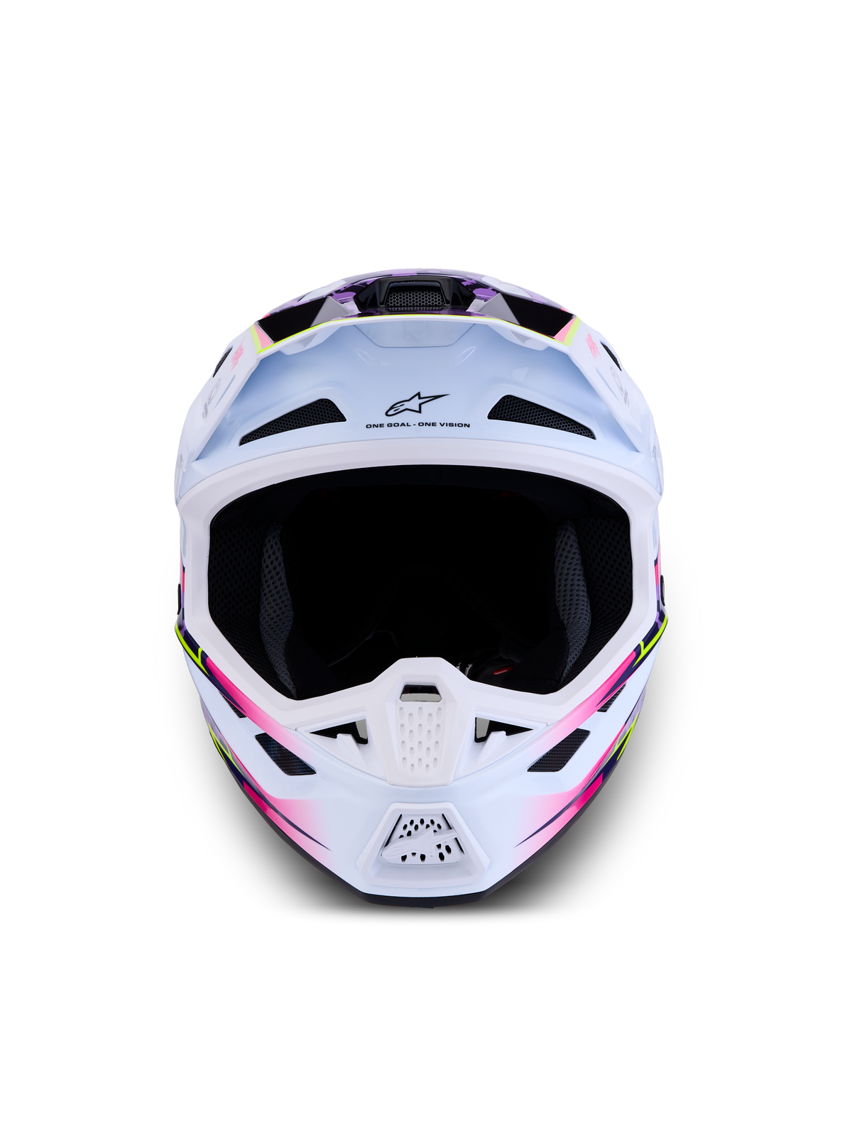 Kask Alpinestars S-M7 Blaster ECE06, biały z różową i fioletową błyszczącą grafiką, certyfikowany CE, kask motocrossowy