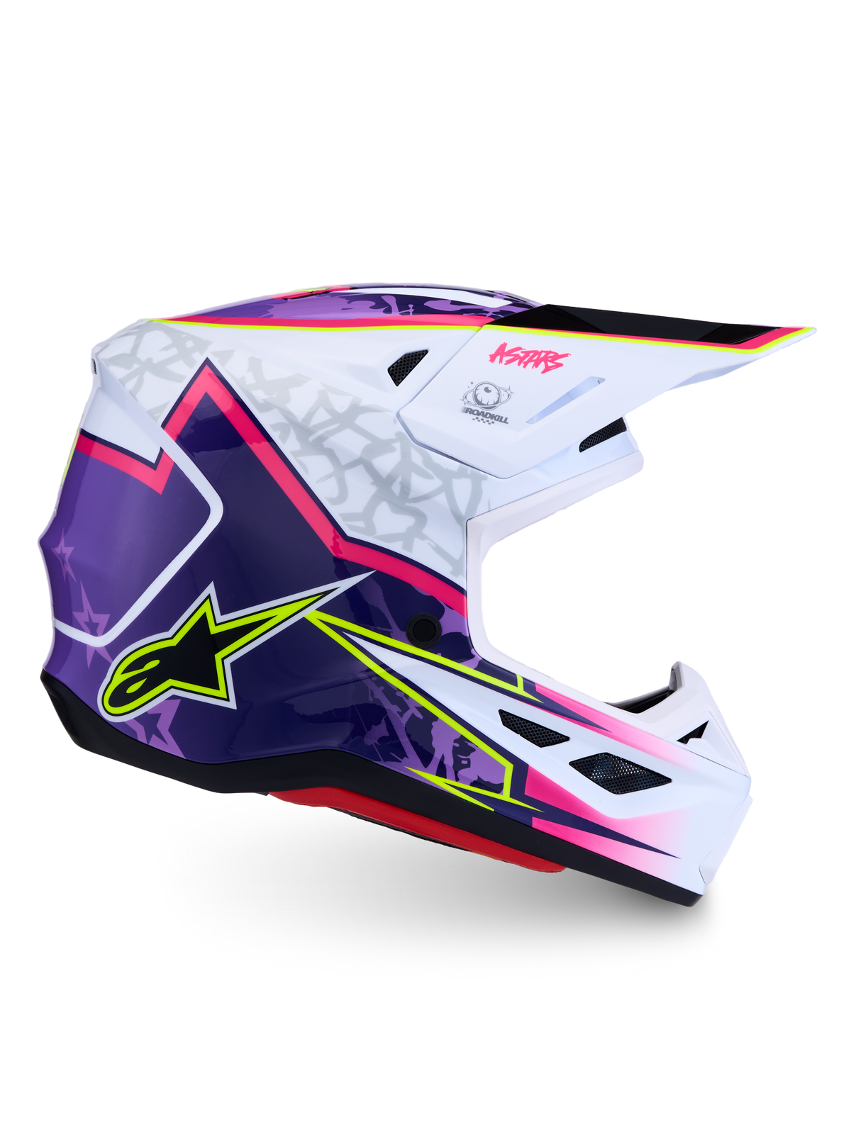 Kask Alpinestars S-M7 Blaster ECE06, fioletowy, różowy i biały kask motocrossowy, błyszczący, certyfikat ECE