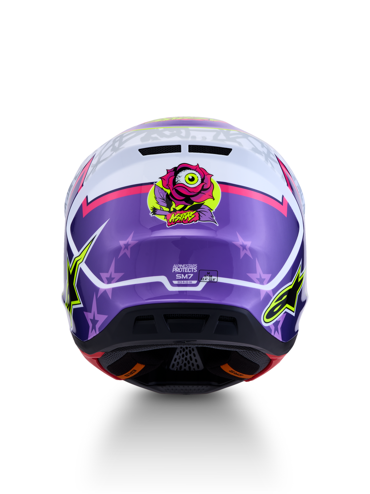 Kask Alpinestars S-M7 Blaster ECE06, fioletowo-różowy błyszczący kask motocrossowy z grafiką róży i gwiazdami.