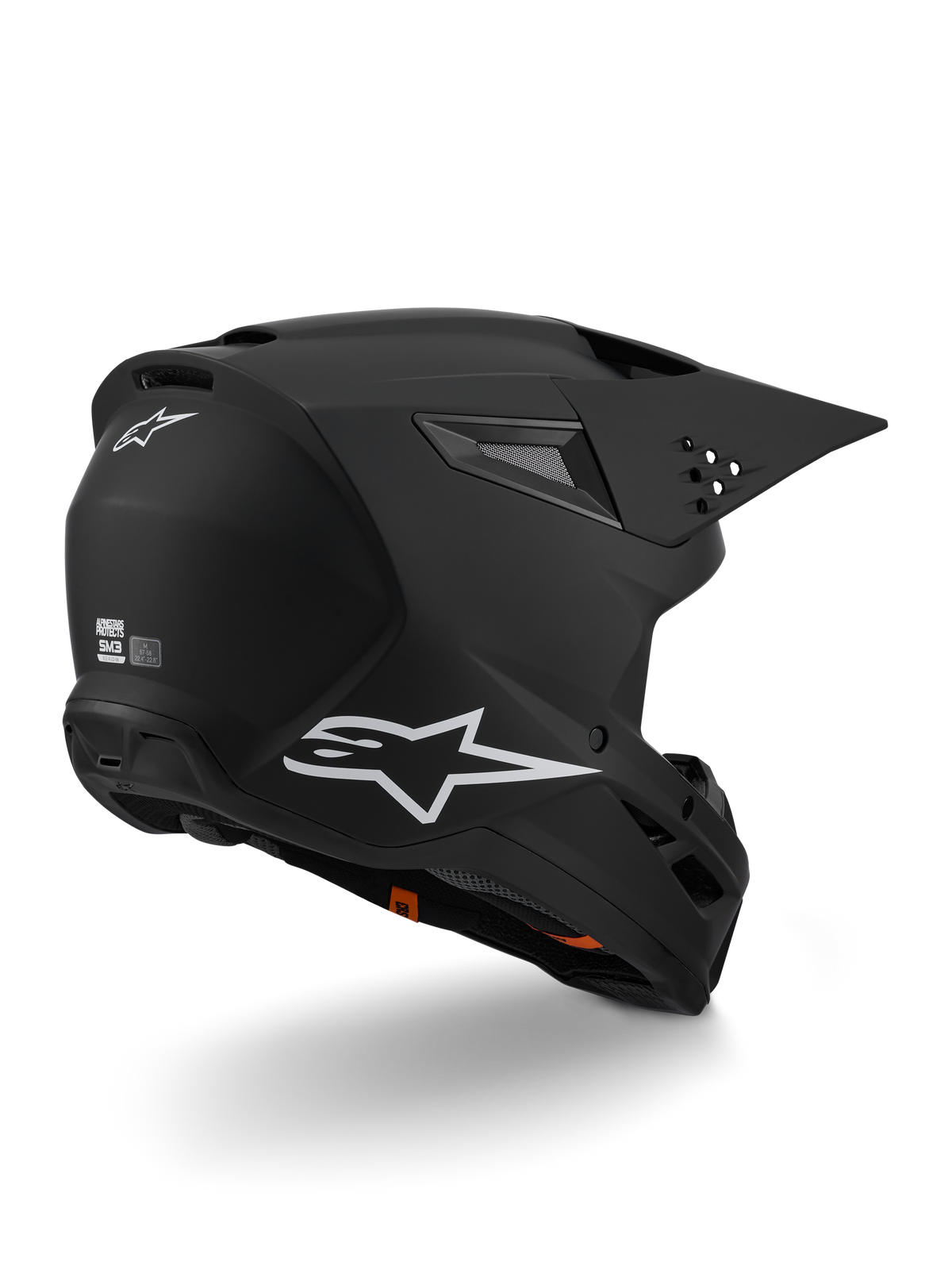 Alpinestars S-M3 Solid Helmet ECE 22.06, kask motocrossowy, czarny mat, z białym logo Alpinestars z boku i z tyłu, aerodynamiczna skorupa ze zintegrowanymi otworami wentylacyjnymi i systemem szybkiego uwalniania daszka, zaprojektowany z myślą o wyścigach terenowych
