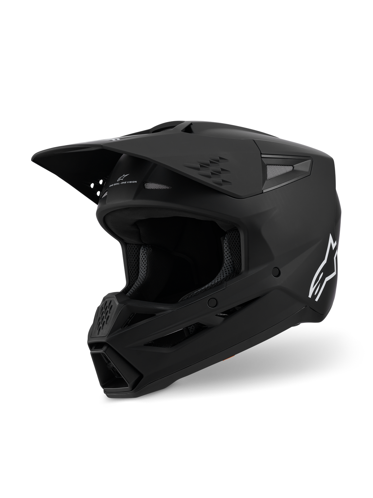 Alpinestars S-M3 Solid Helmet ECE 22.06, kask motocrossowy, czarny mat, widok z boku pod kątem trzech czwartych z dużym daszkiem i wlotami powietrza, smukła aerodynamiczna skorupa z białym logo Alpinestars, profesjonalny sprzęt do wyścigów off-road