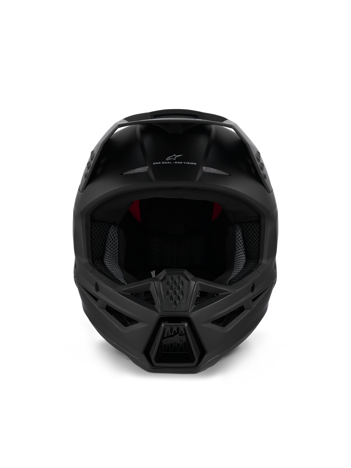 Alpinestars S-M3 Solid Helmet ECE 22.06, kask motocrossowy, czarny matowy, widok z przodu ukazujący agresywną wentylację osłony szczęki i branding „ONE GOAL – ONE VISION”, smukła konstrukcja do wyścigów terenowych