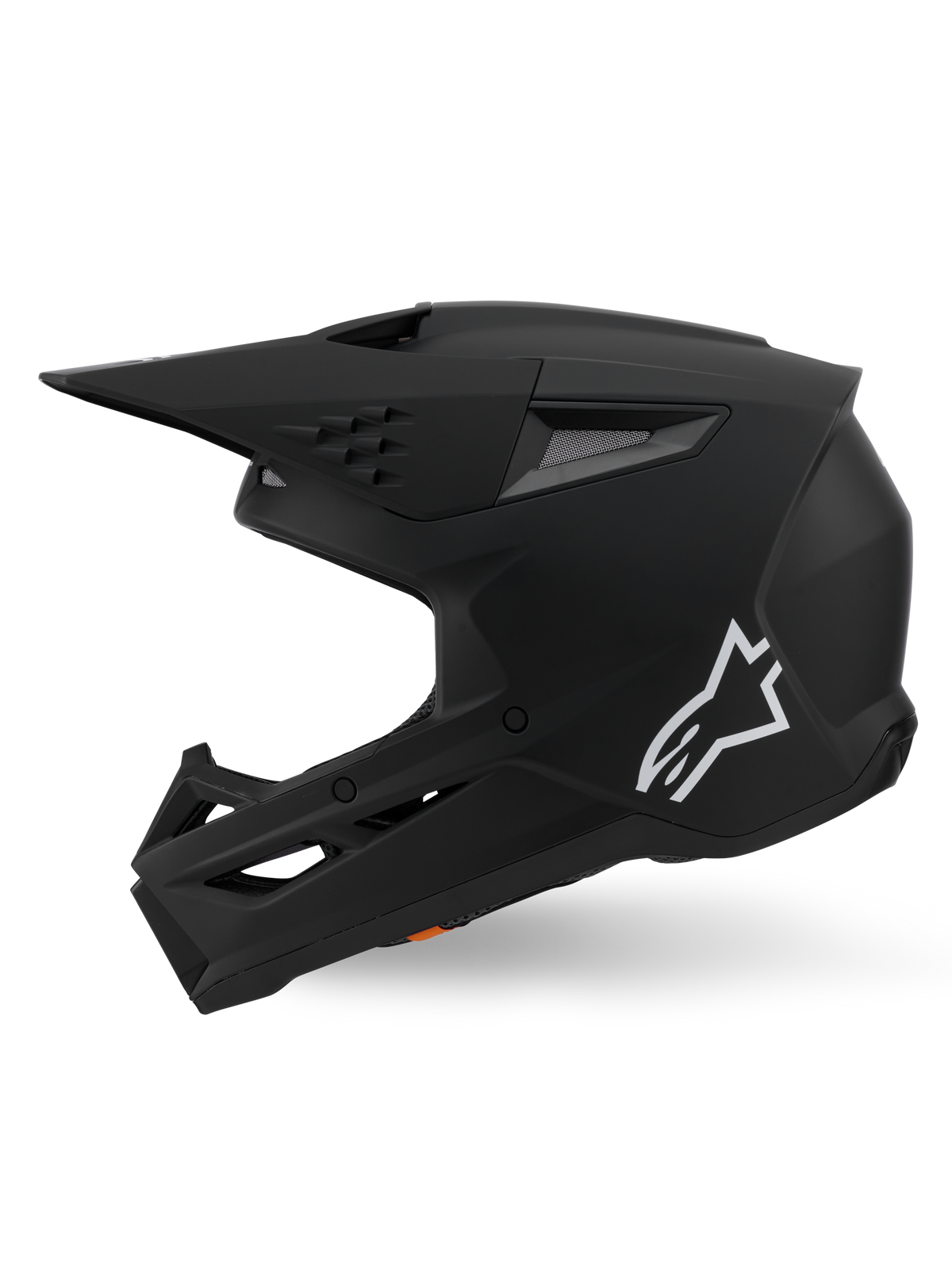 Alpinestars S-M3 Solid Helmet ECE 22.06, kask motocrossowy, czarny mat, widok z boku z białym logo Astars, kanciasta konstrukcja skorupy ze zintegrowanymi otworami wentylacyjnymi i daszkiem ochronnym, profesjonalny sprzęt do wyścigów terenowych