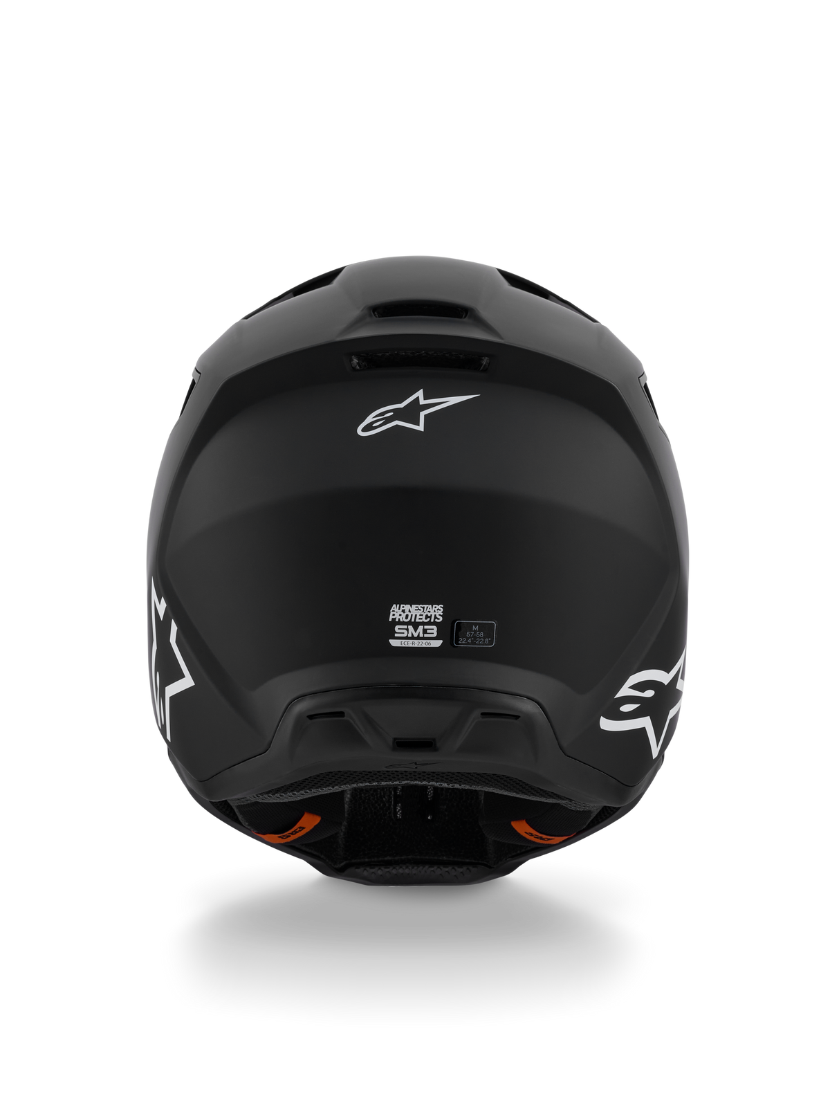 Alpinestars S-M3 Solid Helmet ECE 22.06, kask motocrossowy, czarny mat, widok z tyłu przedstawiający białe logo Alpinestars Astar, otwory wylotowe wentylacji u podstawy, gładkie matowe wykończenie do wyścigów terenowych