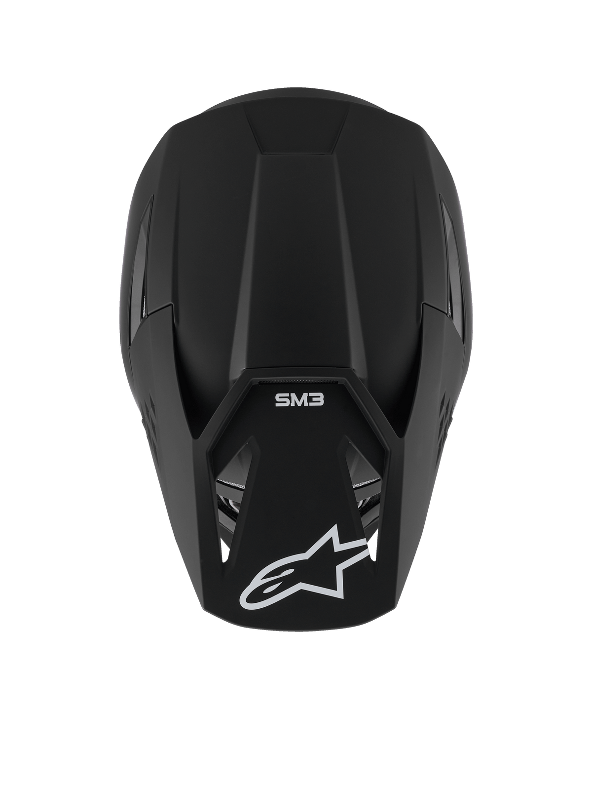 Alpinestars S-M3 Solid Helmet, kask motocrossowy, czarny mat, widok z góry pokazujący matową teksturę i aerodynamiczną skorupę, z białym logo gwiazdy Alpinestars na daszku i oznaczeniem SM3, wysokiej jakości ochrona głowy do jazdy w terenie