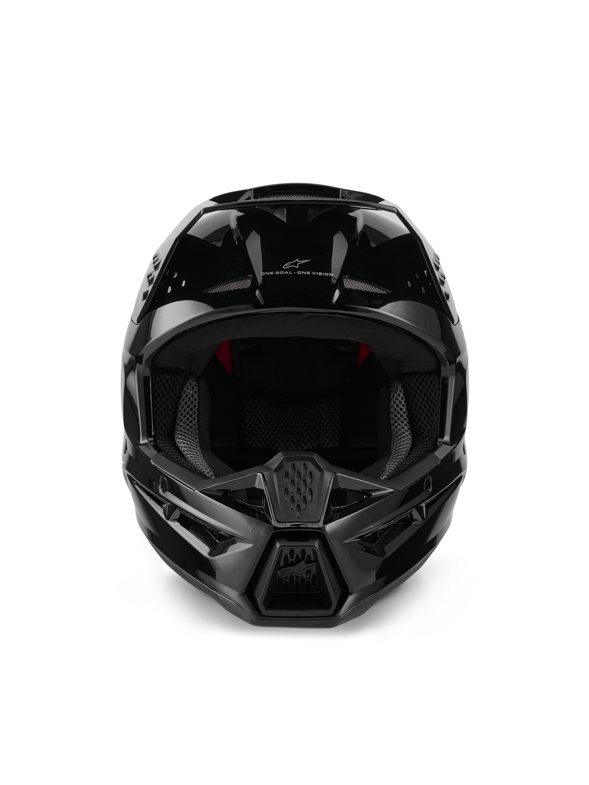 Alpinestars S-M3 Solid Helmet ECE 22.06, kask motocrossowy, czarny połysk, widok z przodu ukazujący wlotowe otwory wentylacyjne, smukła aerodynamiczna skorupa z błyszczącym wykończeniem, z logo Alpinestars i hasłem 'One Goal. One Vision.'