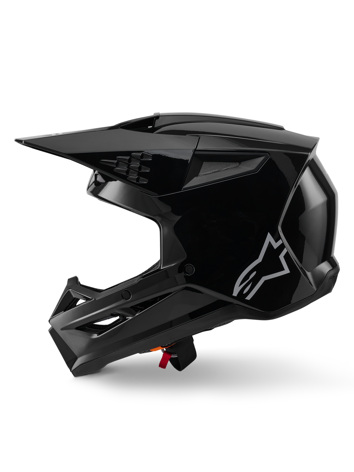 Alpinestars S-M3 Solid Helmet, Motocross Helmet, Black Glossy, side profile view, featuring a silver Alpinestars logo, aerodynamic visor, and multiple ventilation ports for off-road racing