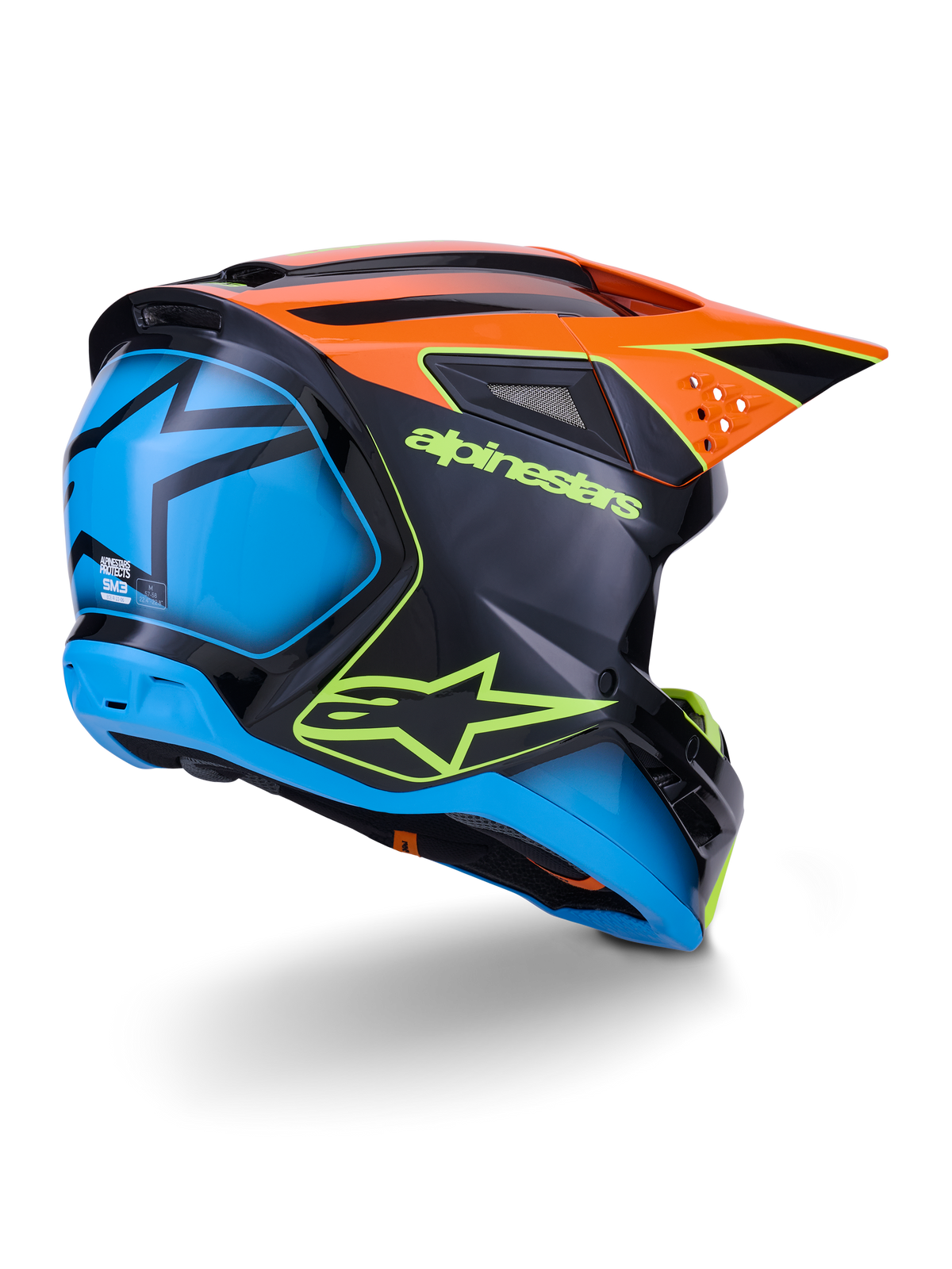 Kask Alpinestars S-M3 Fray ECE 22.06, kask motocrossowy, czarny z pomarańczowymi i niebieskimi panelami, z neonowożółtym logo Alpinestars, duża niebieska tylna część z grafiką gwiazdy, pomarańczowy daszek ze zintegrowanymi otworami wentylacyjnymi, profesjonalny sprzęt ochronny off-road