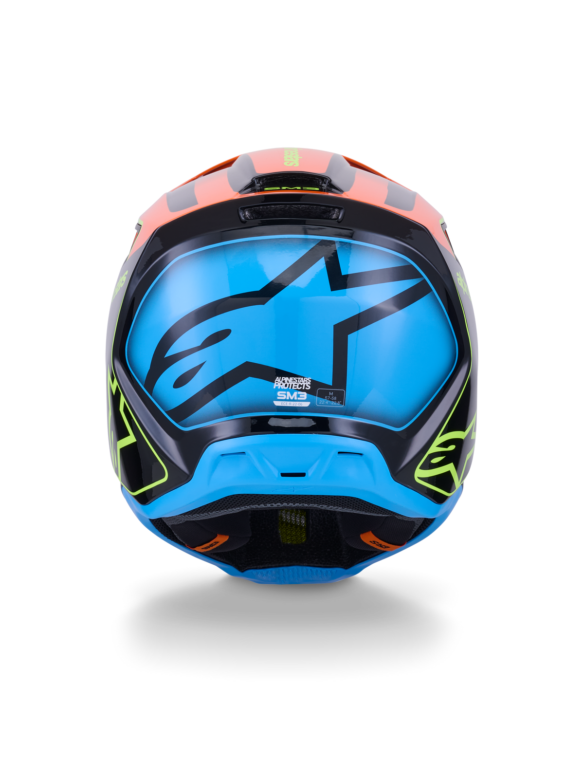 Alpinestars S-M3 Fray Helmet ECE 22.06, kask motocrossowy, widok z tyłu, czarny z jaskrawymi pomarańczowymi i neonowymi żółtymi akcentami, duży niebieski panel z czarnym logo gwiazdy Alpinestars, ochrona do wyścigów off-road