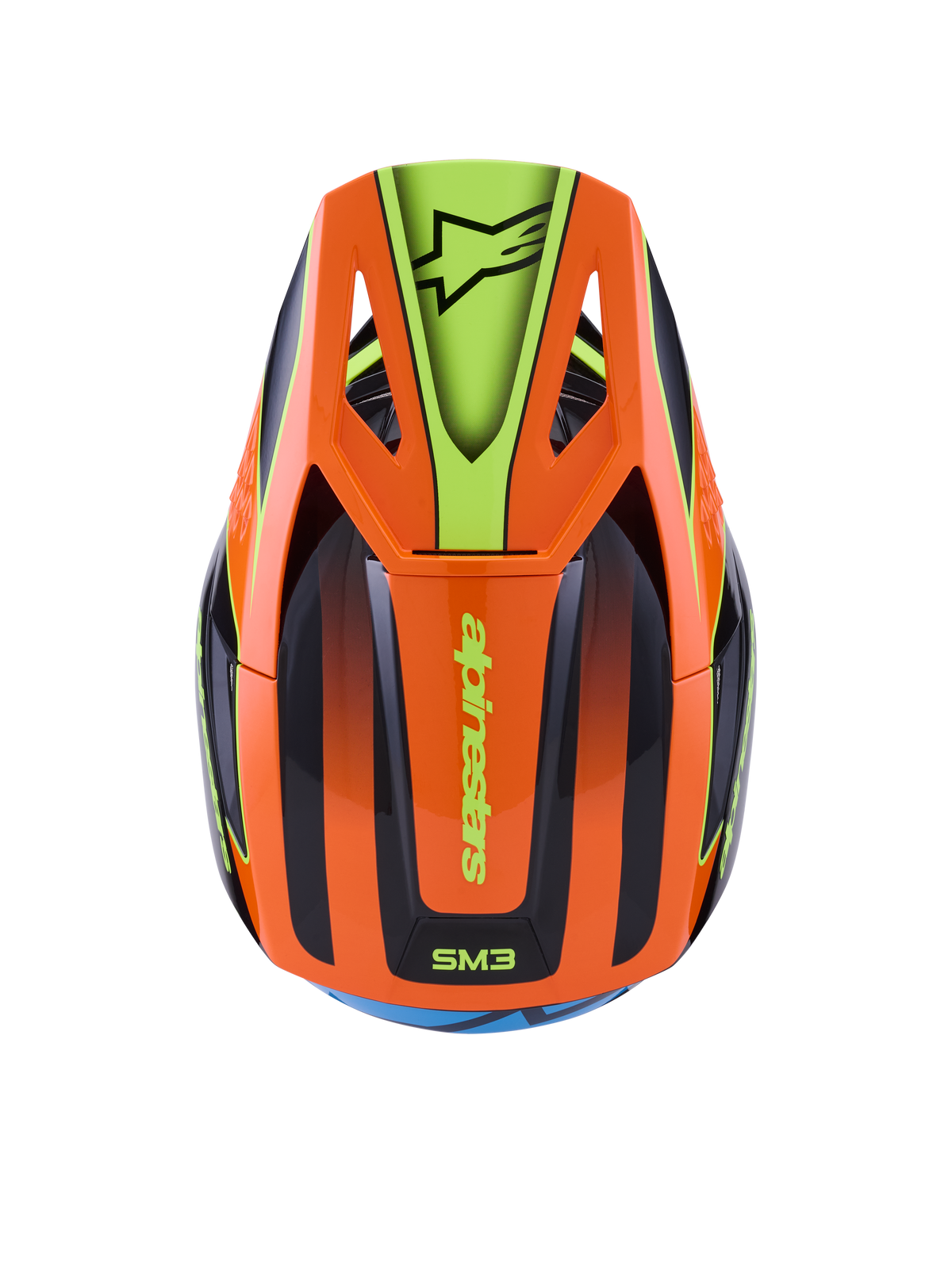 Alpinestars S-M3 Fray Helmet, kask motocrossowy, pomarańczowy i fluorescencyjny żółty z czarnymi akcentami, widok z góry przedstawiający aerodynamiczną skorupę i daszek z logo Alpinestars, wyrazisty design graficzny do jazdy terenowej