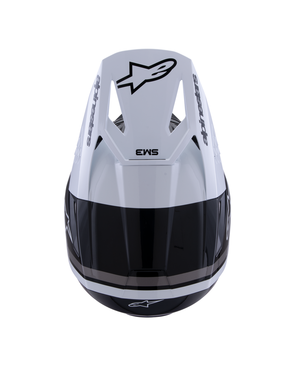 Alpinestars S-M3 Radium Helmet, kask motocrossowy, czarno-biało-szary błyszczący, widok z góry przedstawiający biały daszek z czarnym logo Astar i oznaczeniem SM3, eleganckie błyszczące wykończenie z otworami wentylacyjnymi, wysokiej klasy ochrona głowy off-road
