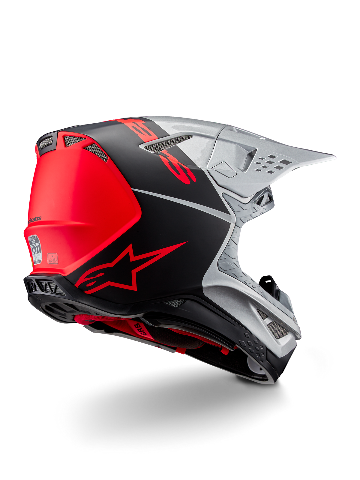 Alpinestars Supertech M10 Flood ECE 22.06 Helmet, Motocross Helmet, Silver, Black, and Orange Fluo, rear-side view highlighting aerodynamic shell design, ventilation ports, and matte-glossy finish