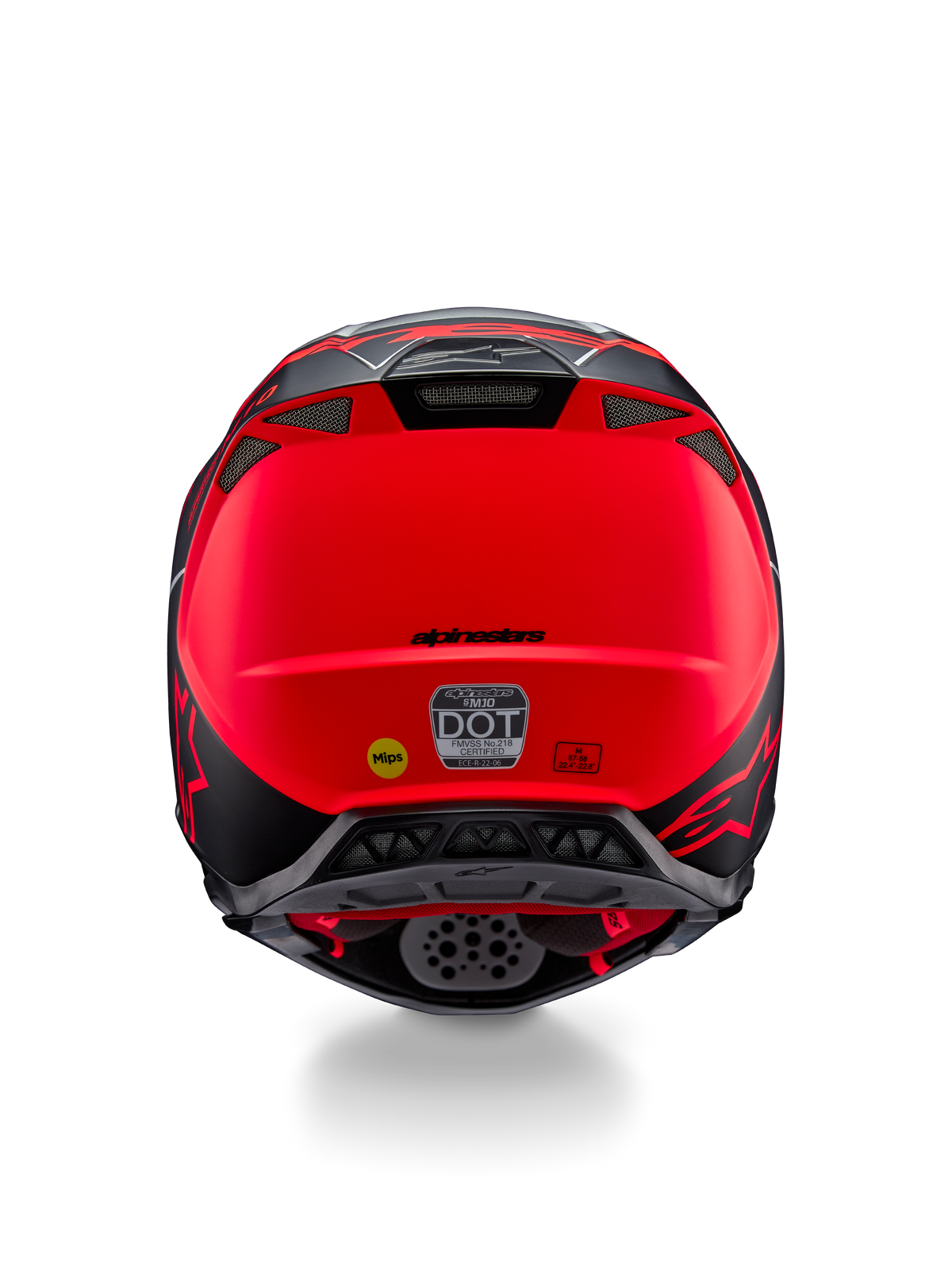 Alpinestars Supertech M10 Flood Helmet, Rear View, Silver Black and Fluorescent Orange Matte, featuring integrated exhaust vents, DOT and ECE certification stickers, yellow Mips logo, and sleek aerodynamic profile for motocross racing