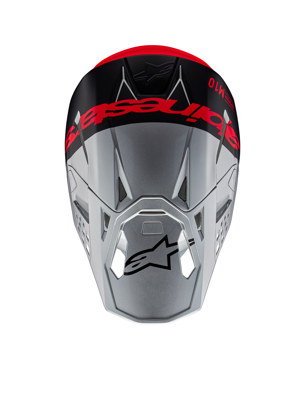 Alpinestars Supertech M10 Flood ECE 22.06 Helmet, Motocross Helmet, Silver and Black with Fluorescent Orange, top-down view showing bold branding across the crown, black Astars logo on the visor, streamlined aerodynamic profile with ventilation ports, matte and glossy textures.