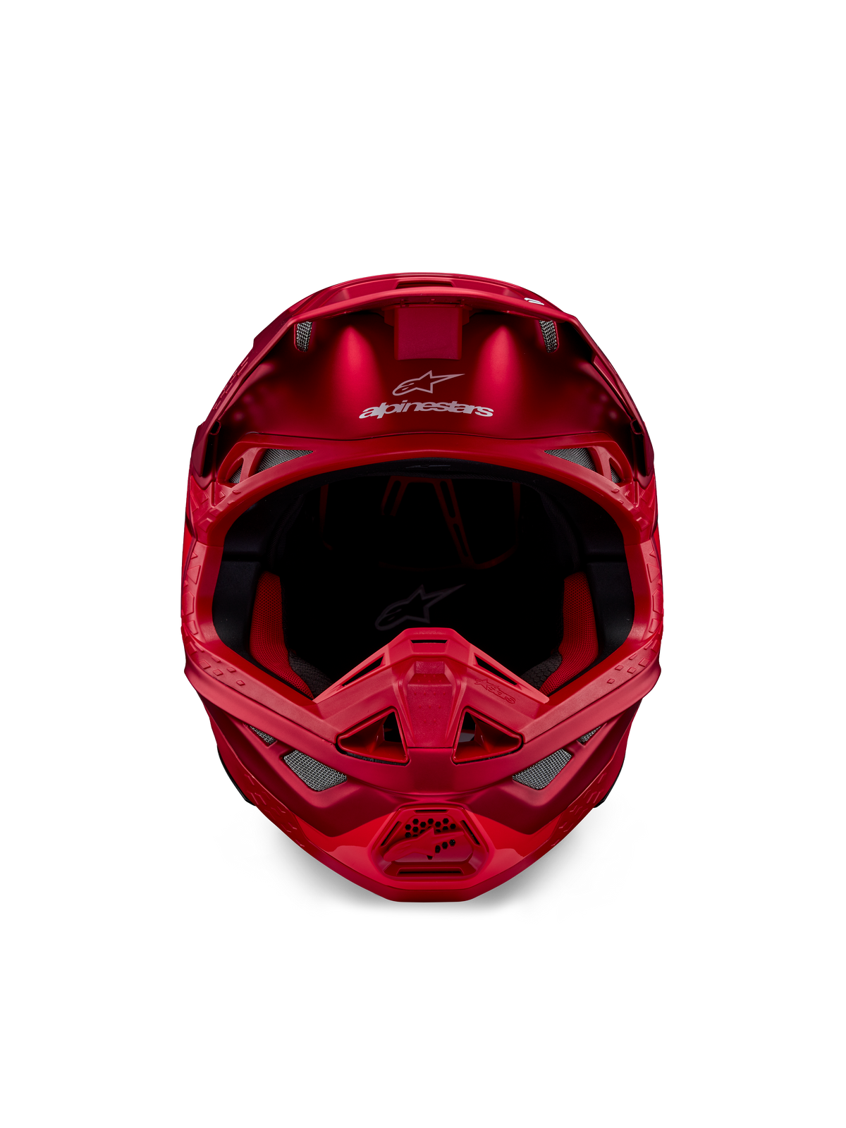 Alpinestars Supertech M10 Flood Helmet, Motocross Helmet, Red Fluo and Red Matte/Glossy, front-facing view showing aerodynamic profile with multiple ventilation ports, Alpinestars logo on the forehead, and red interior lining, professional off-road racing gear